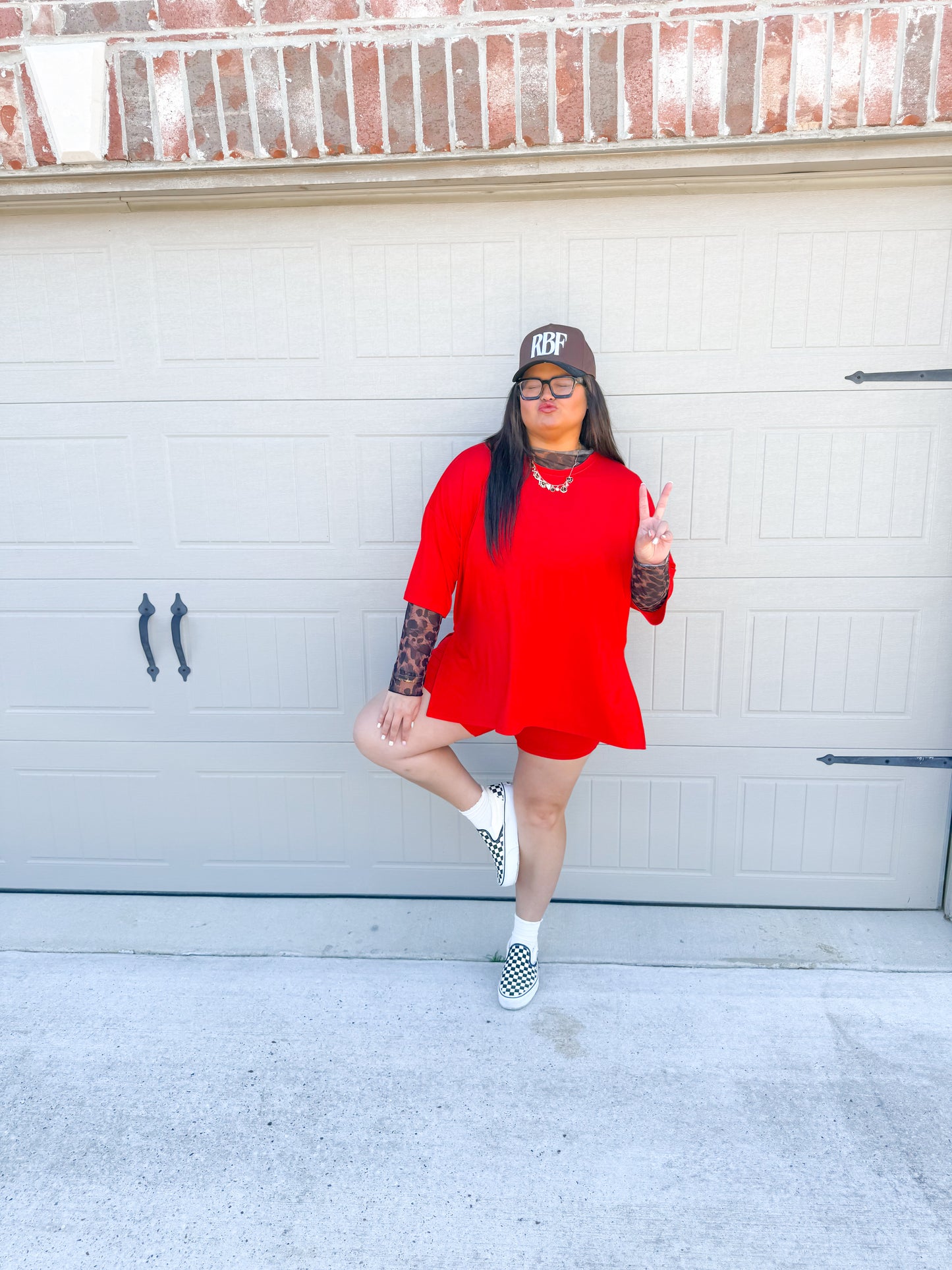 Red Womens Oversized Biker Short Set