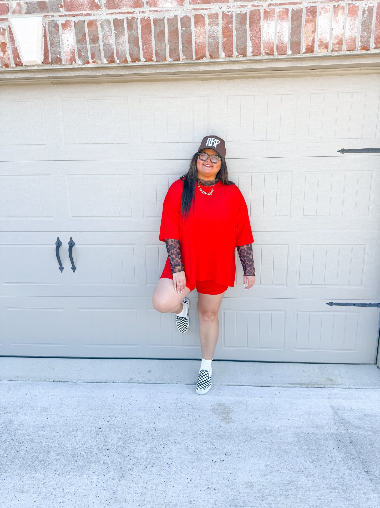 Red Womens Oversized Biker Short Set