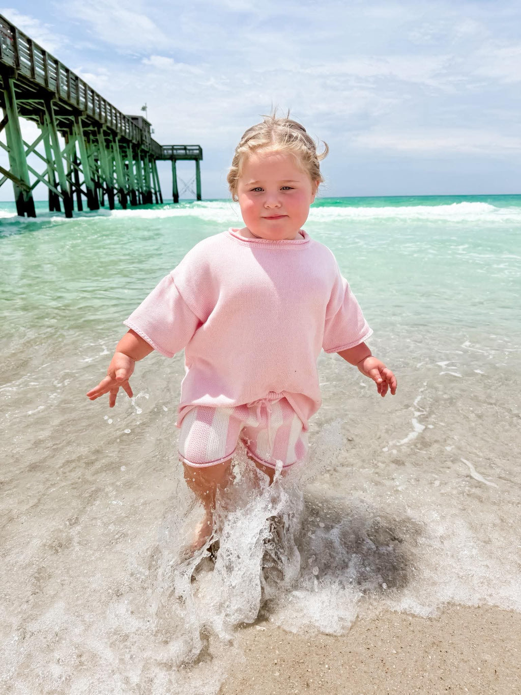 Light Pink Striped Knit Short Set