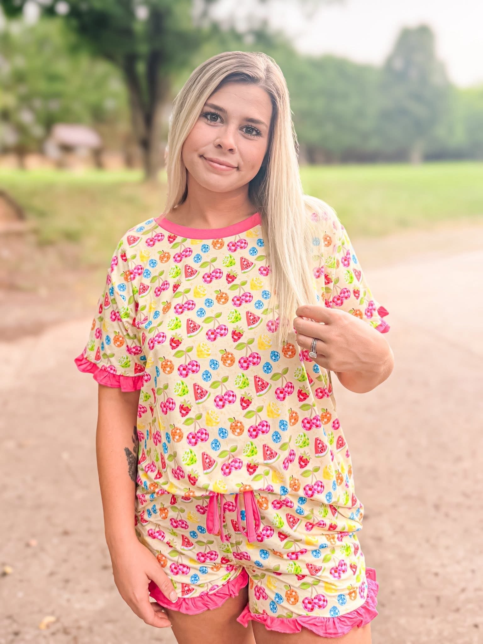 Disco Fruit Womens Ruffle Short Set