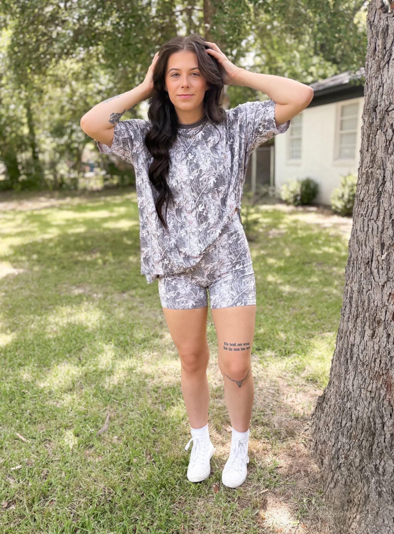 Snow Camo Womens Biker Short Set