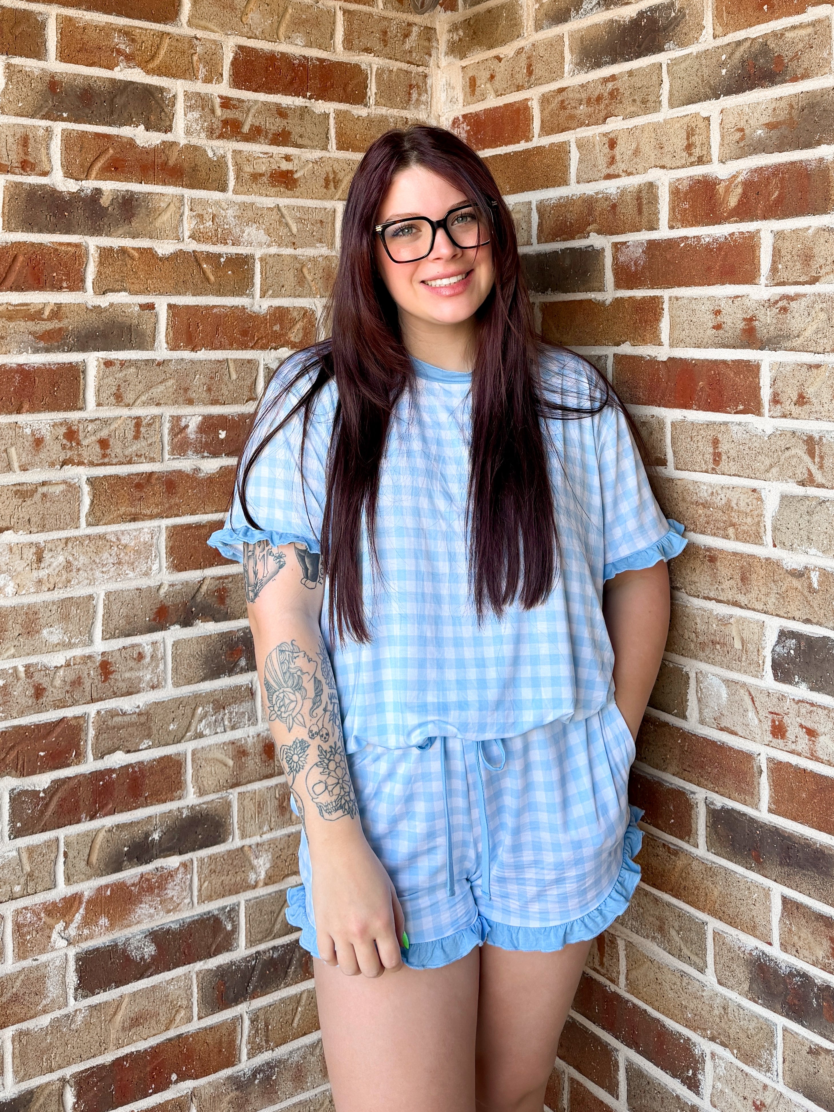 Blue Gingham Womens Ruffle Short Set