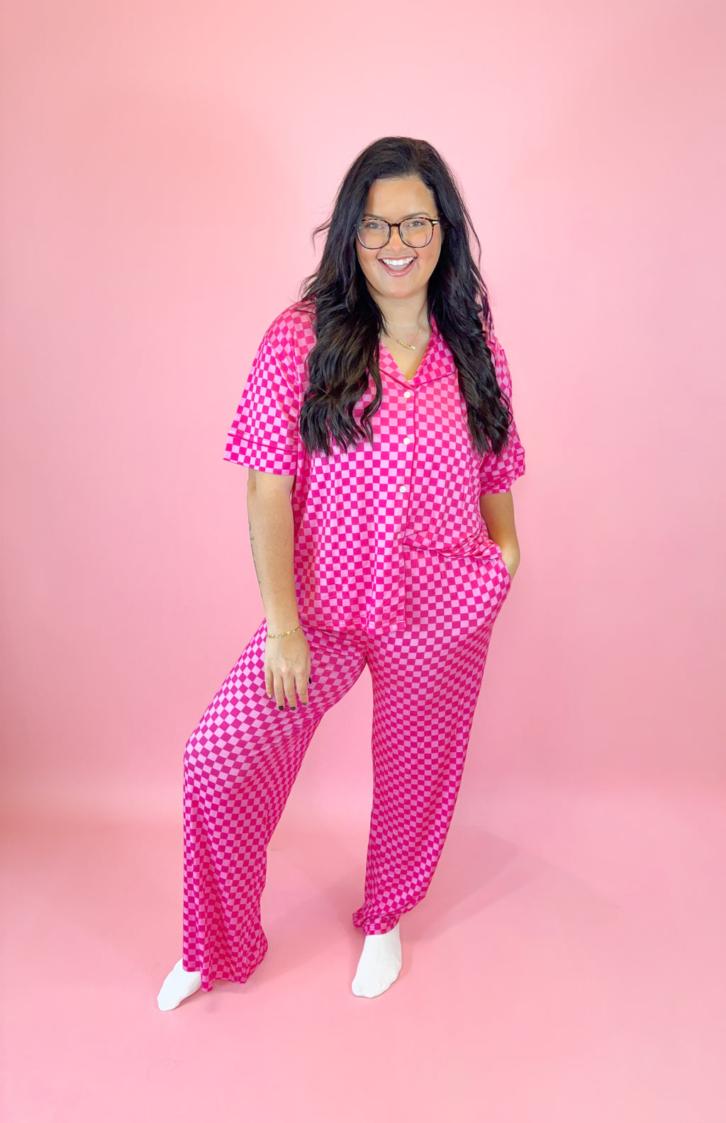 Pink Checkered Womens Pant Set