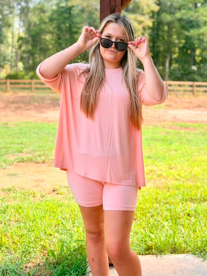 Peach Mango Ribbed Womens Biker Short Set