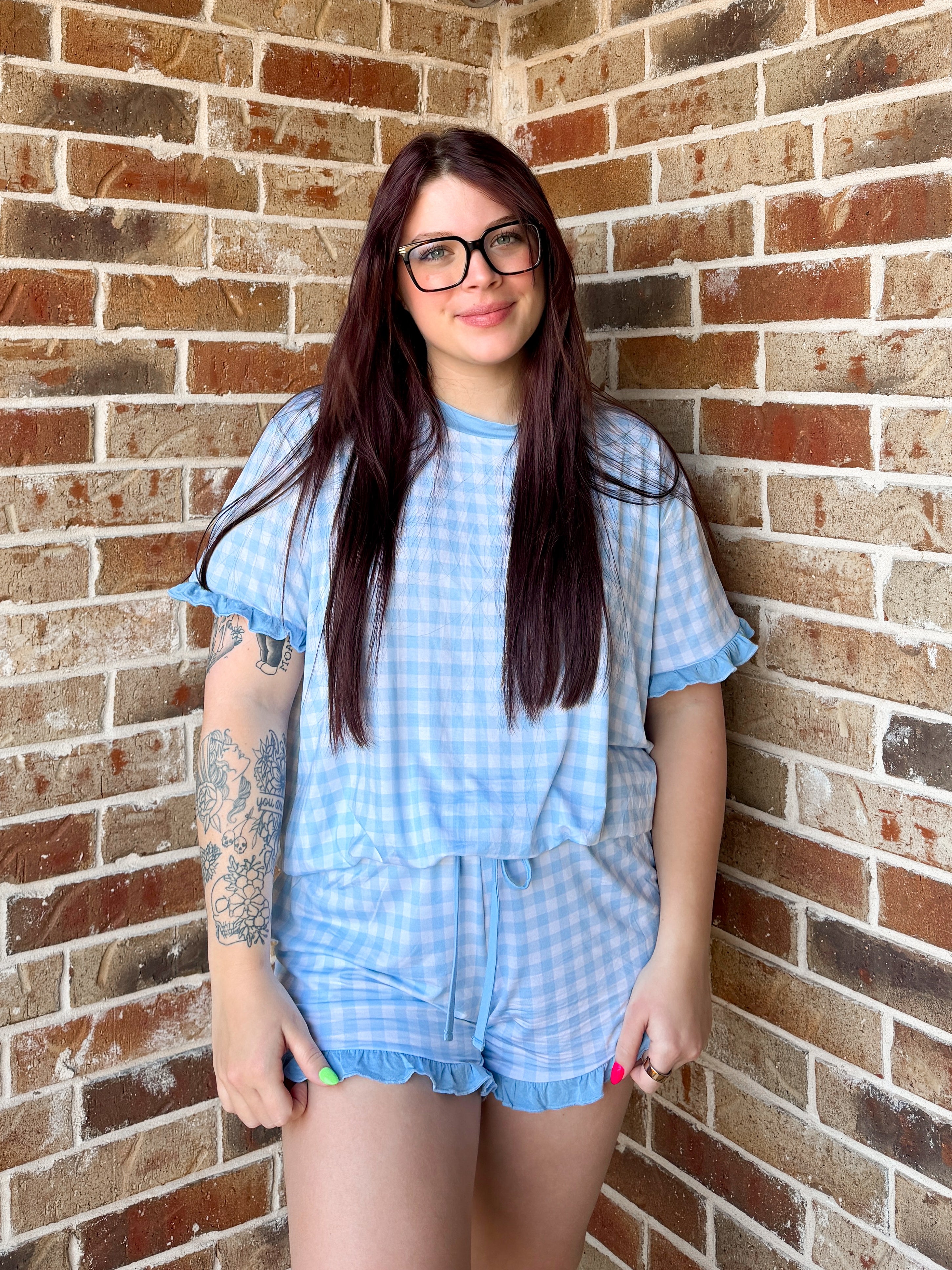 Blue Gingham Womens Ruffle Short Set