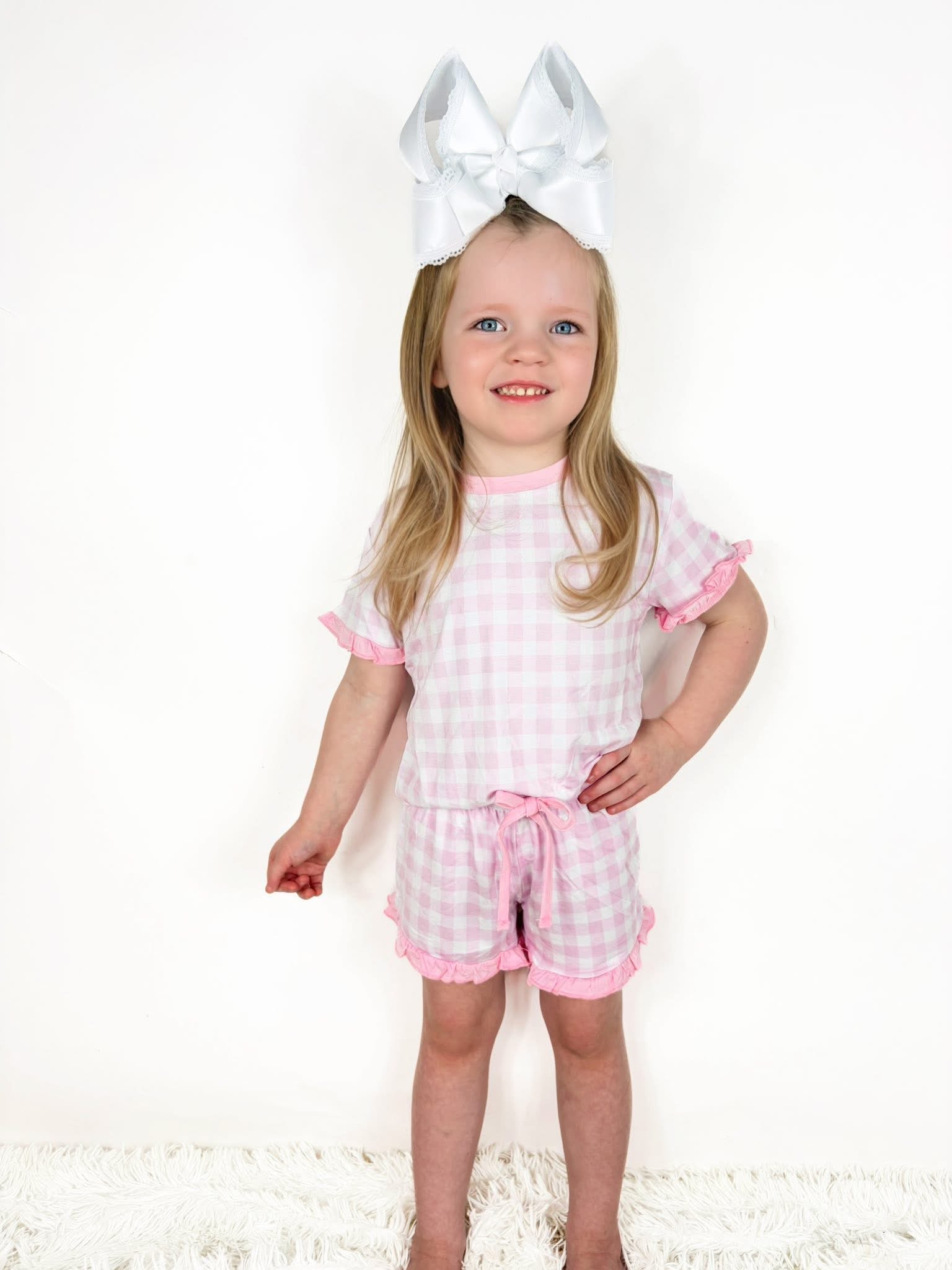 Pink Gingham Kids Ruffle Short Set