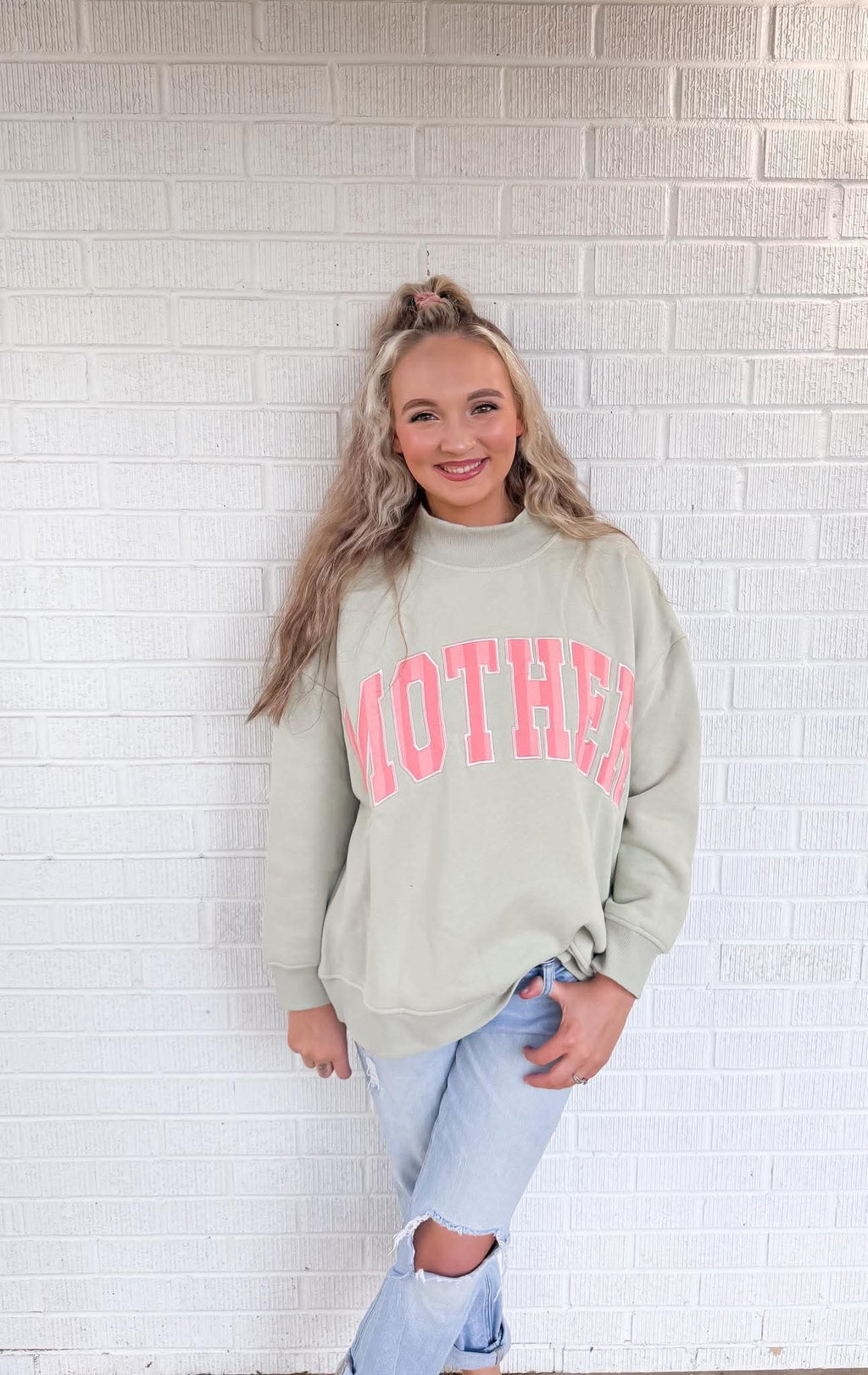 Mother Sage Green w/ Pink stripes Mockneck Sweater