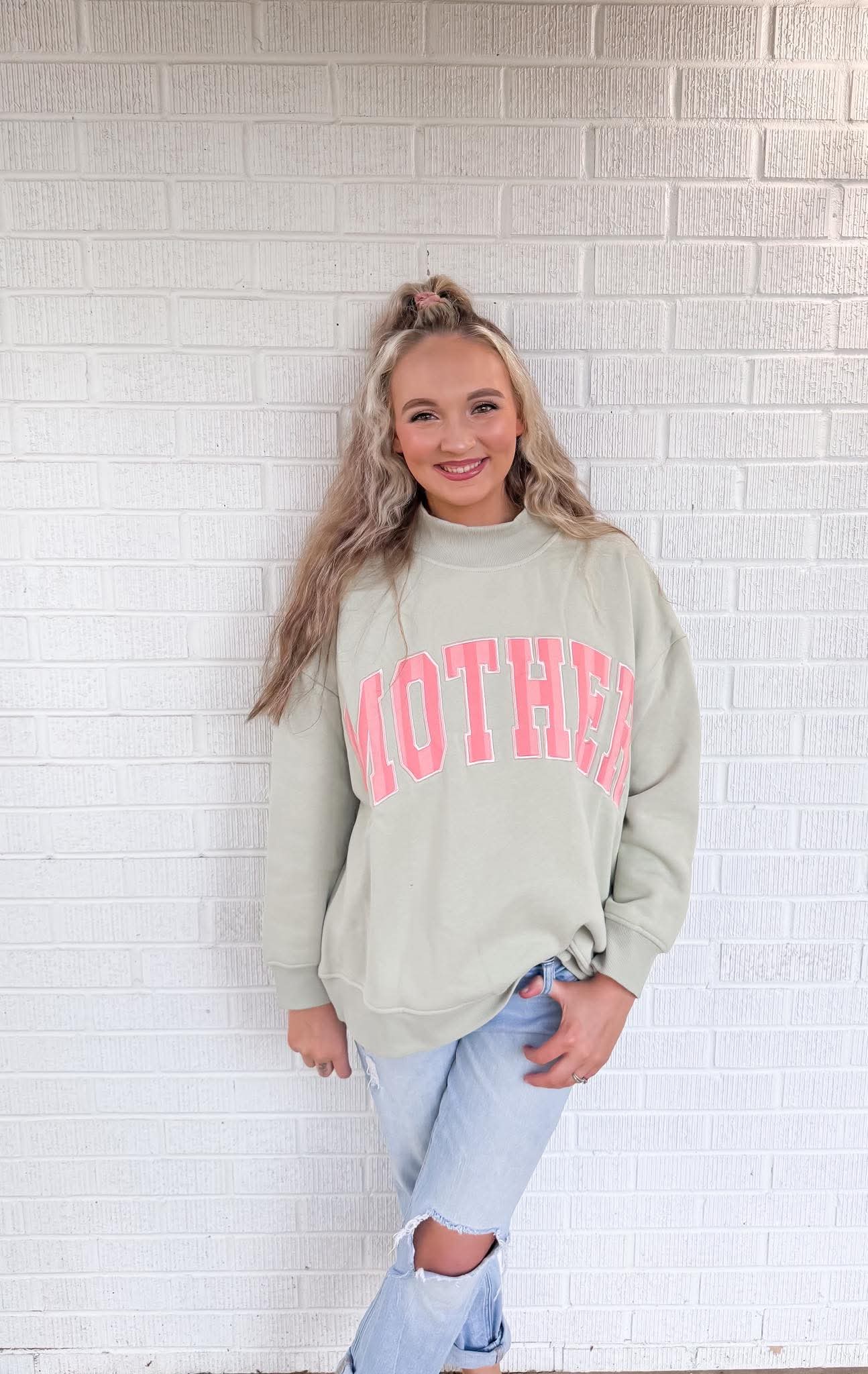 Mother Sage Green w/ Pink stripes Mockneck Sweater