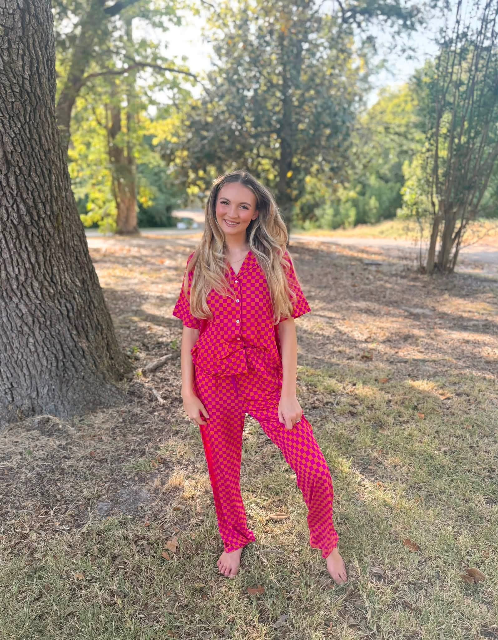 Pink Punch Checks Womens Pant Set