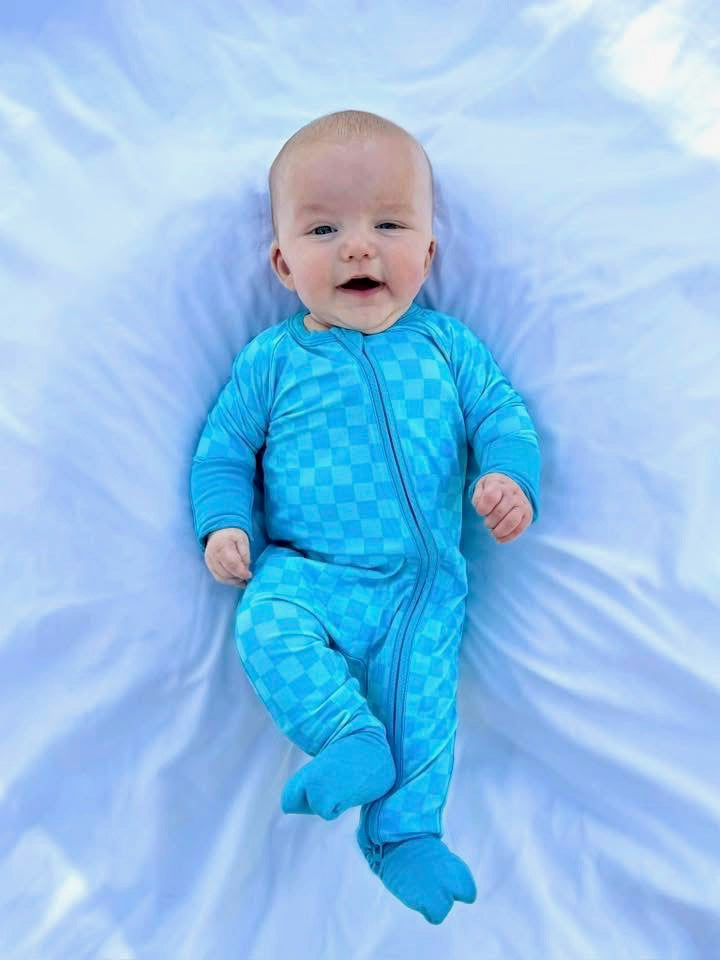 Blue Checkered Double Zippy Romper