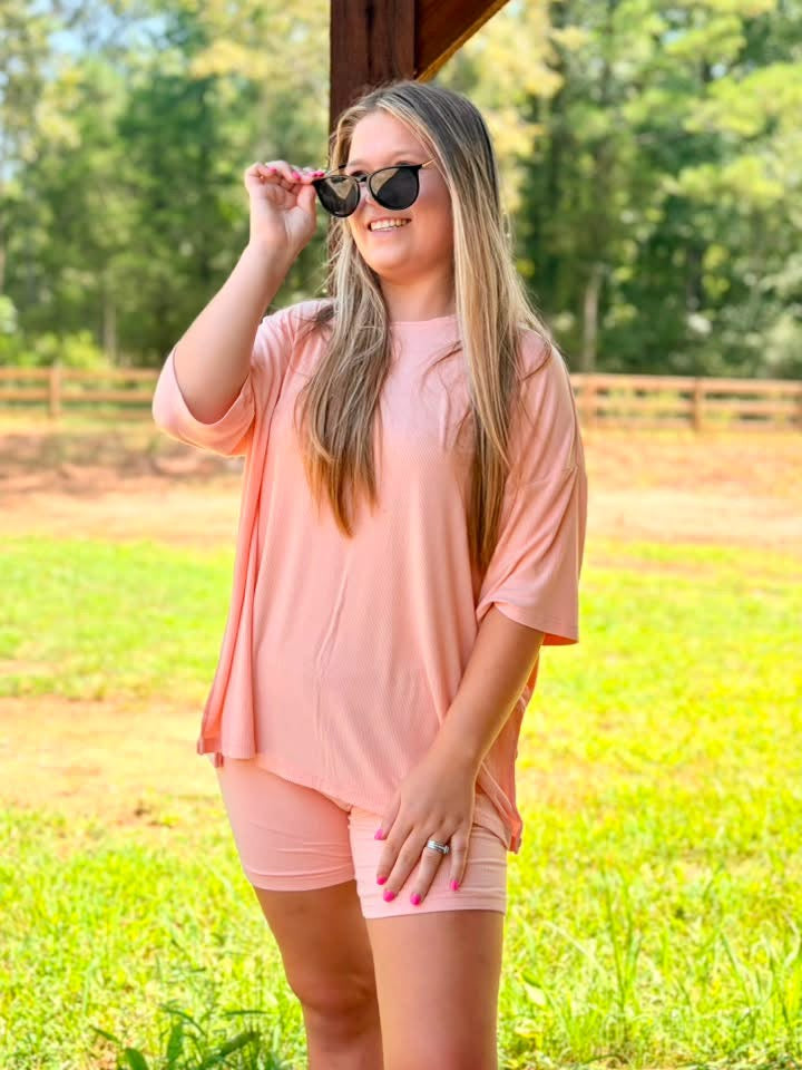 Peach Mango Ribbed Womens Biker Short Set