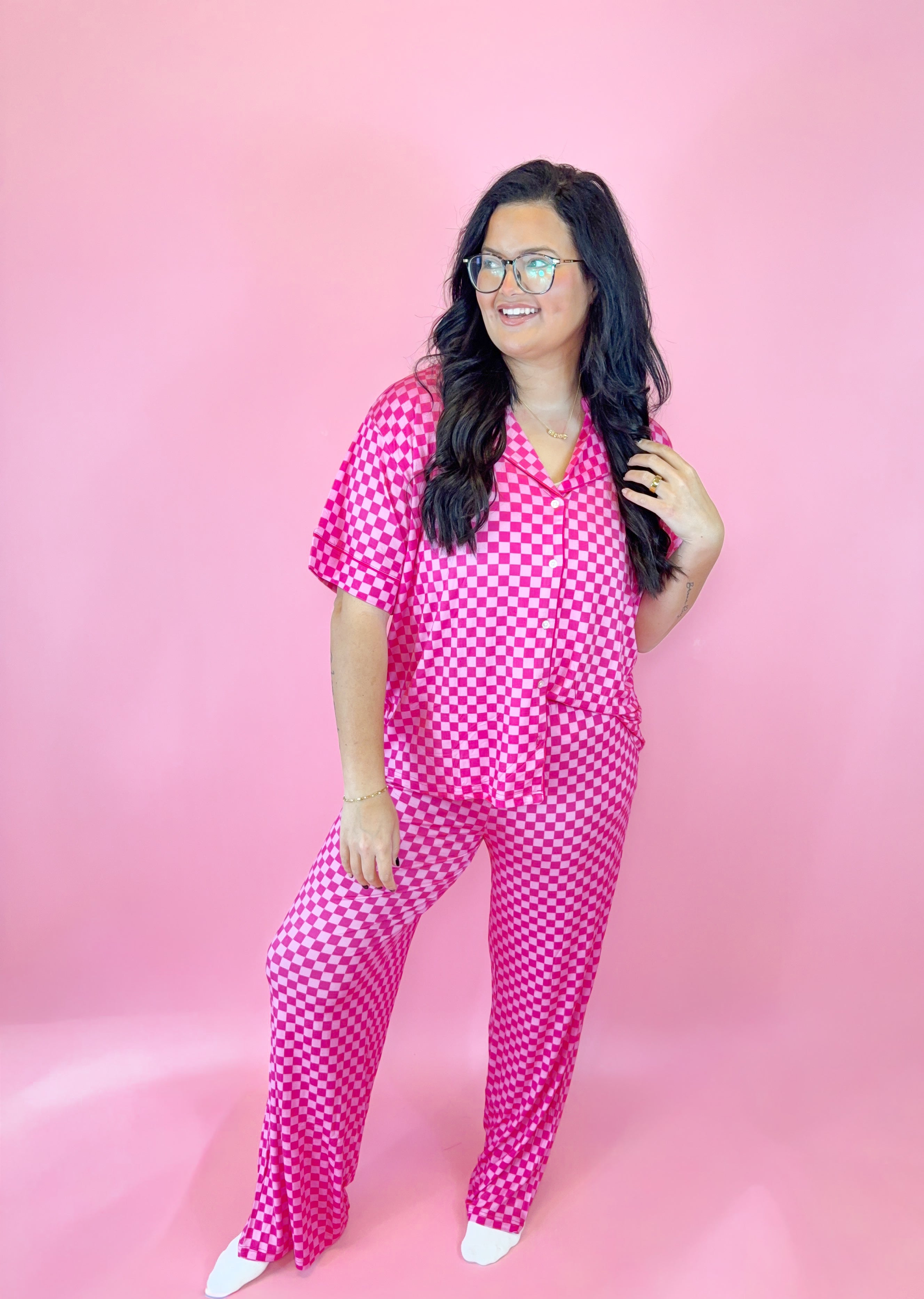 Pink Checkered Womens Pant Set