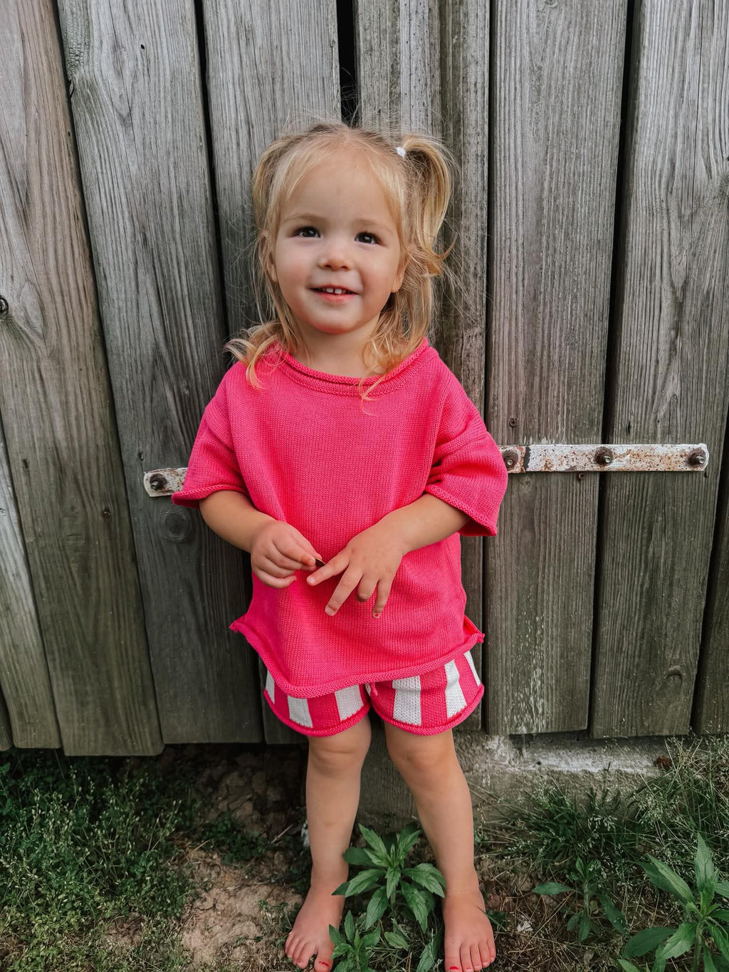 Dark Pink Striped Knit Short Set