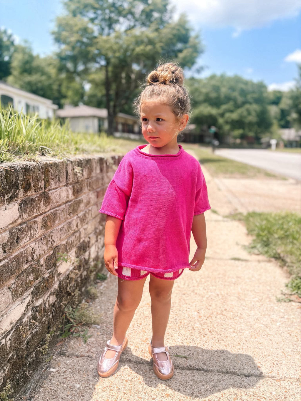 Dark Pink Striped Knit Short Set
