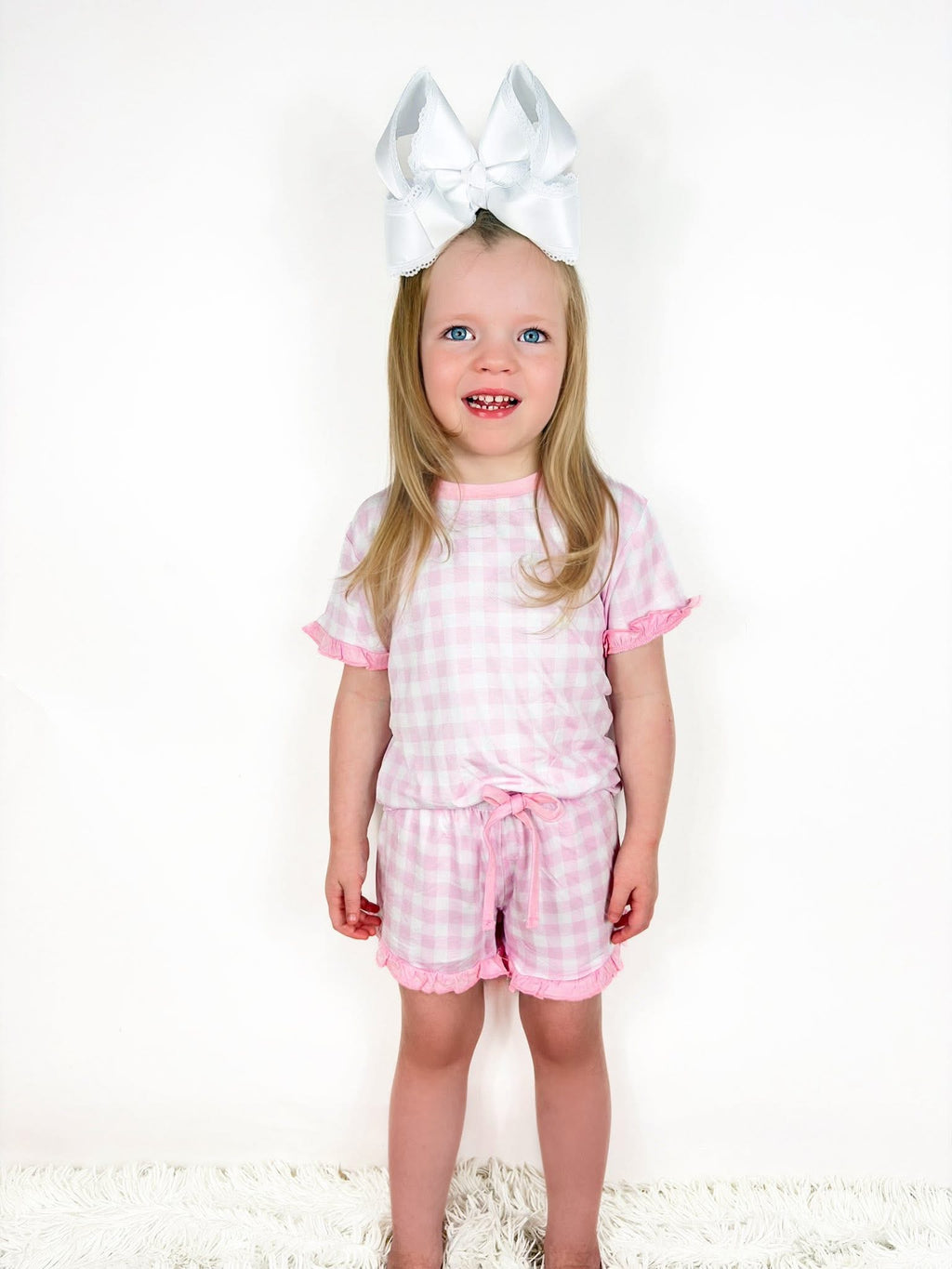 Pink Gingham Kids Ruffle Short Set