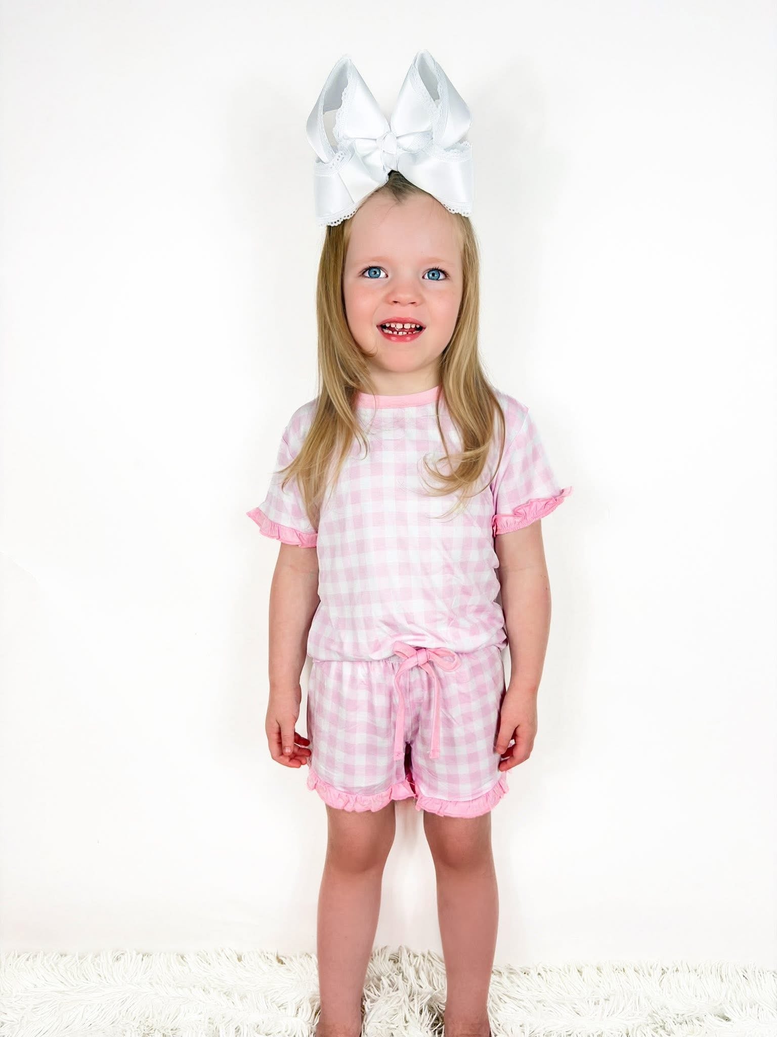 Pink Gingham Kids Ruffle Short Set