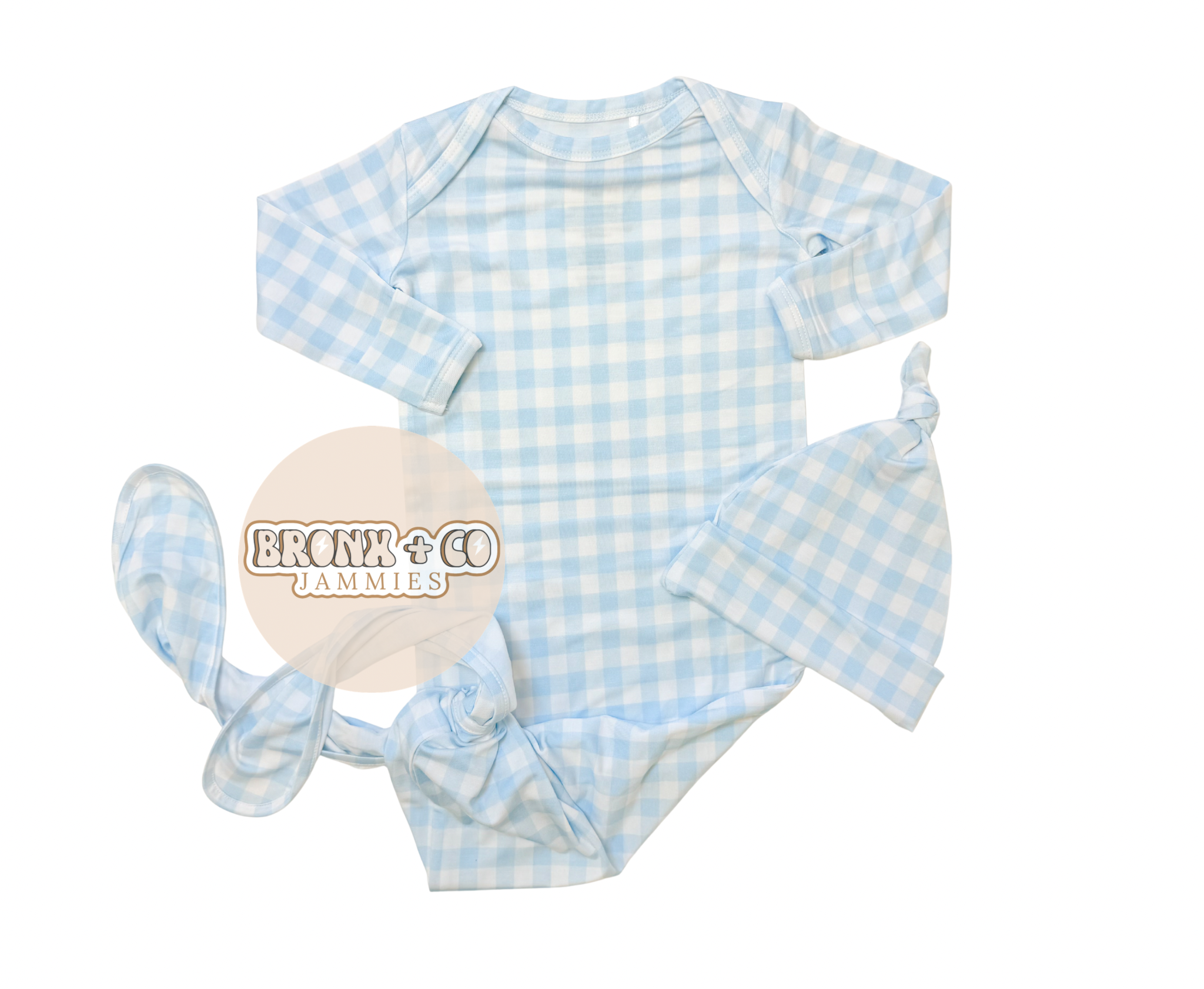 Blue Gingham Knotted Gown/Hat