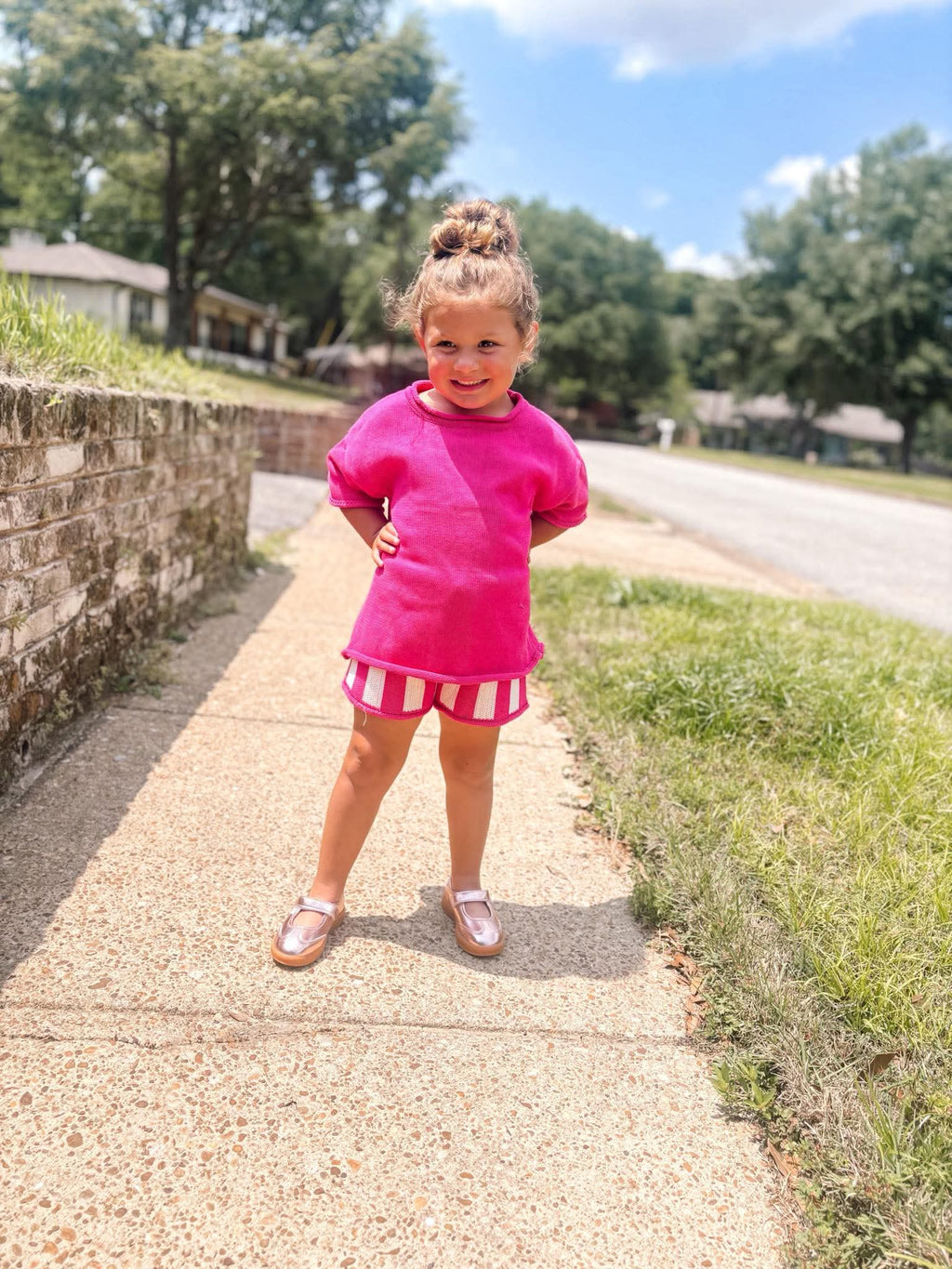 Dark Pink Striped Knit Short Set