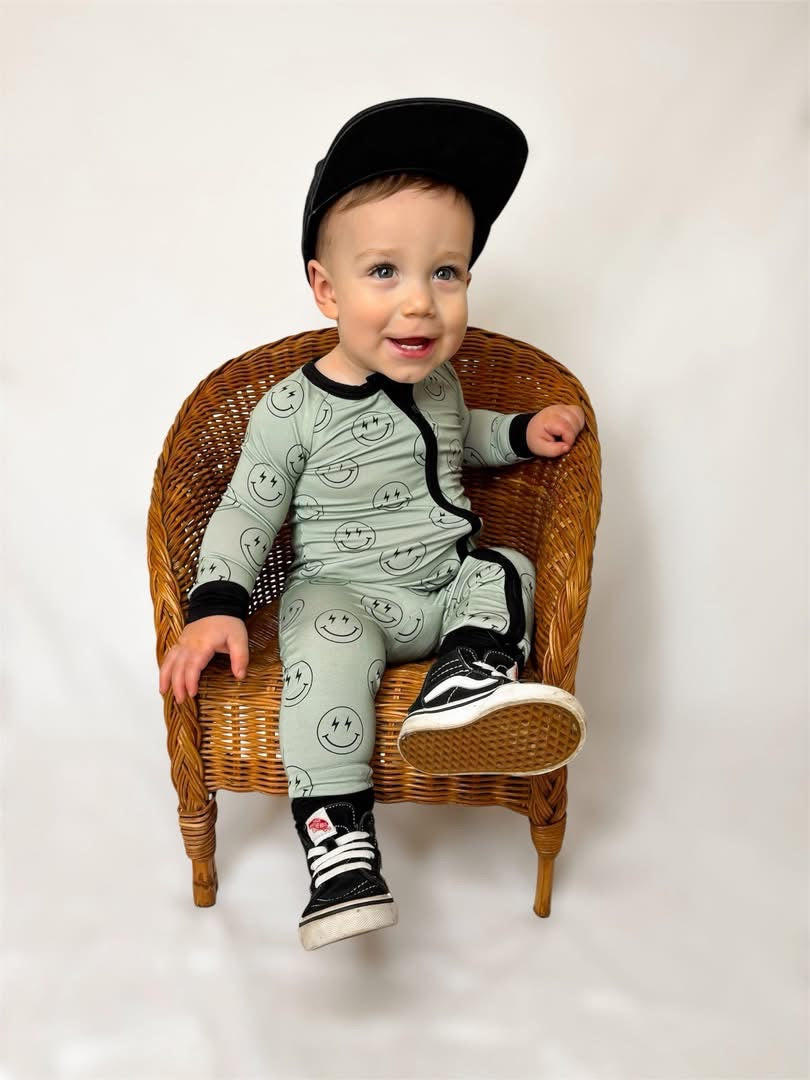 Pistachio Smileys Double Zippy Romper