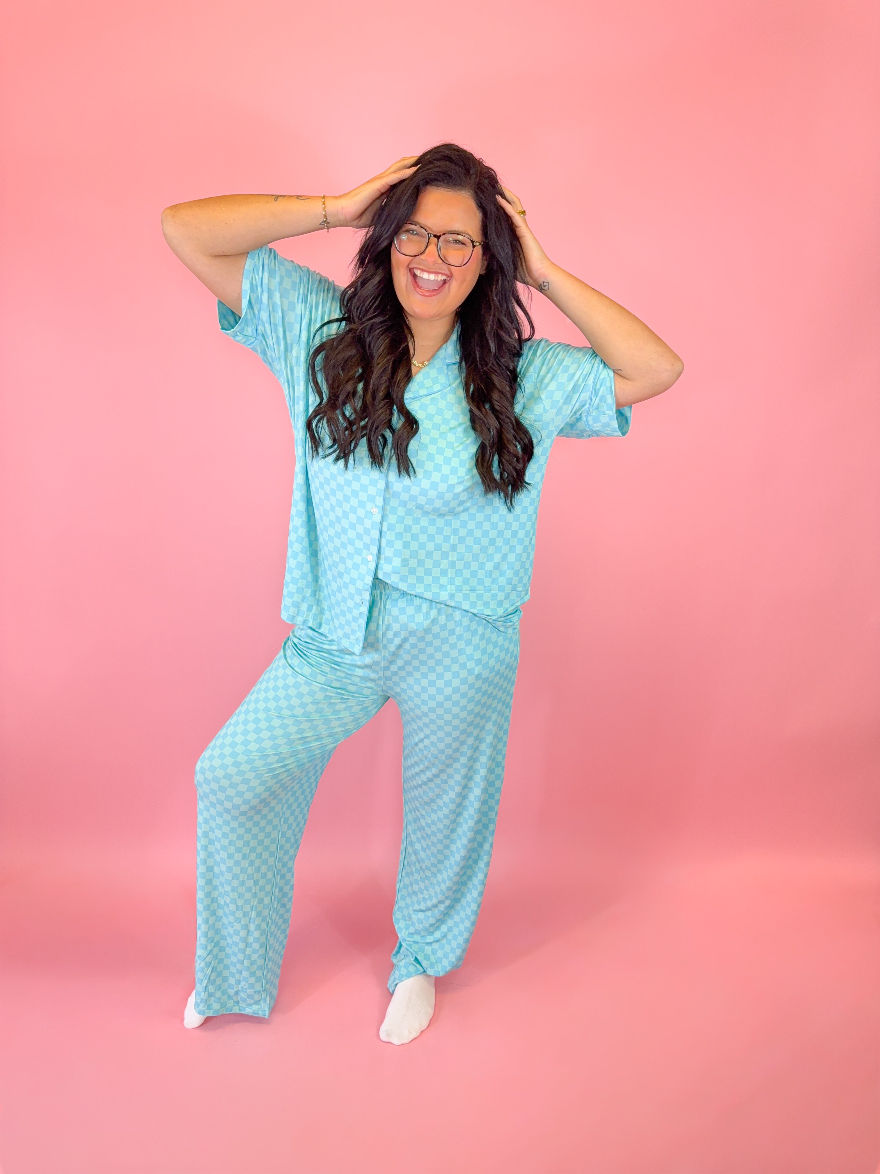 Blue Checkered Womens Pant Set