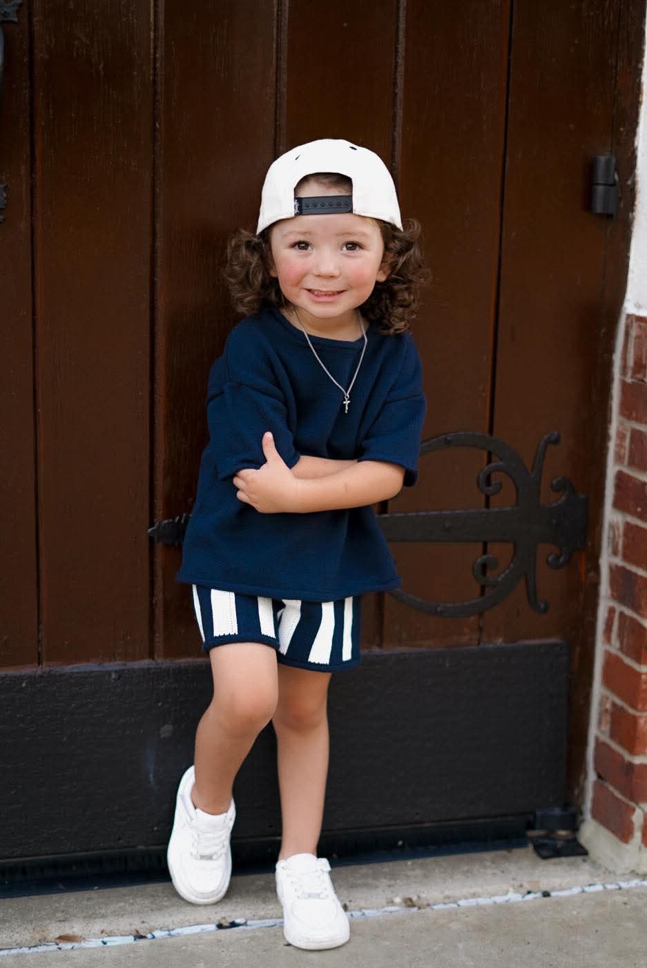 Navy Striped Knit Short Set