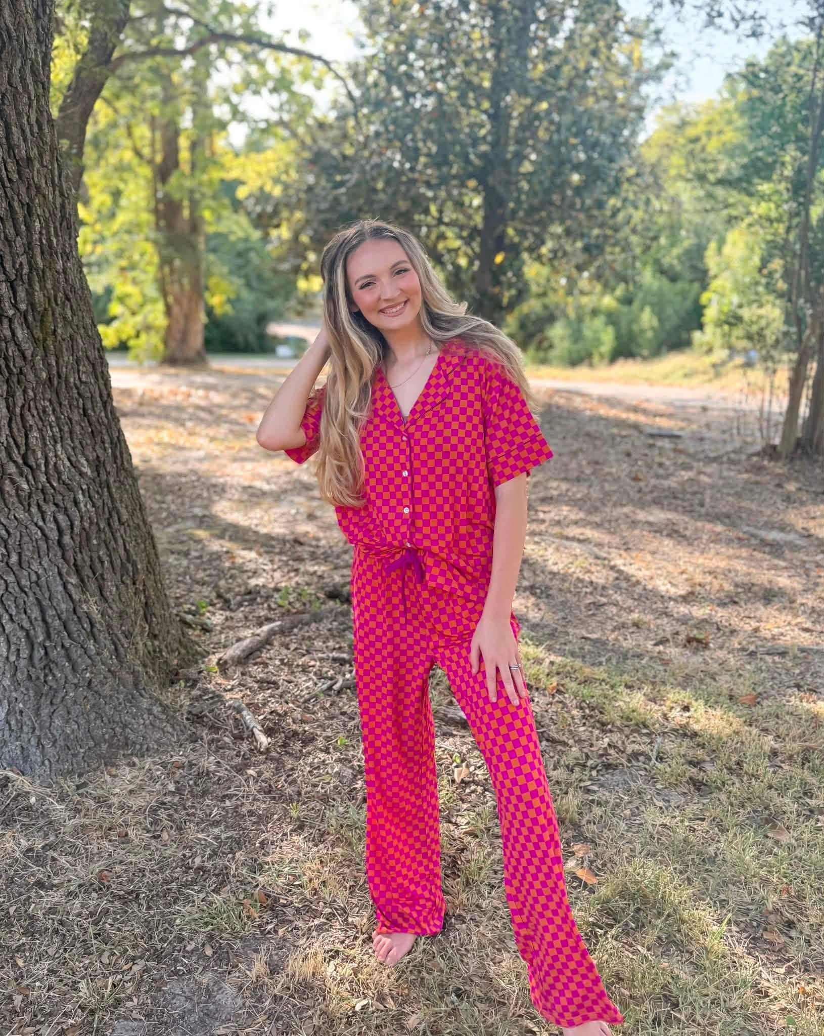 Pink Punch Checks Womens Pant Set