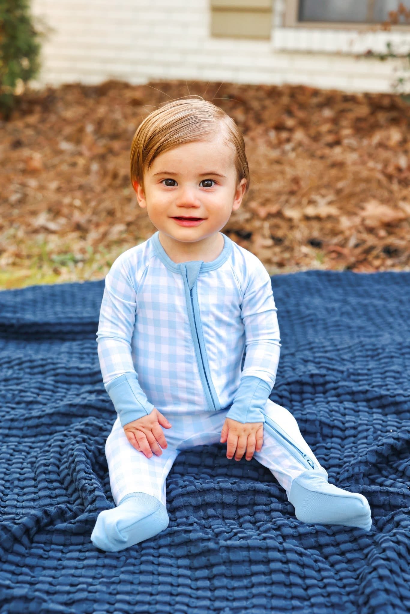 Blue Gingham Double Zippy Romper