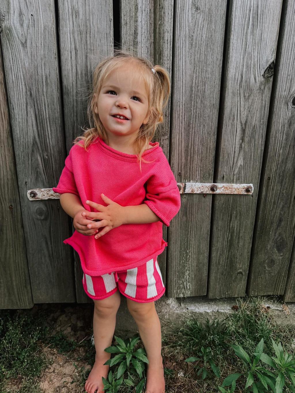 Dark Pink Striped Knit Short Set