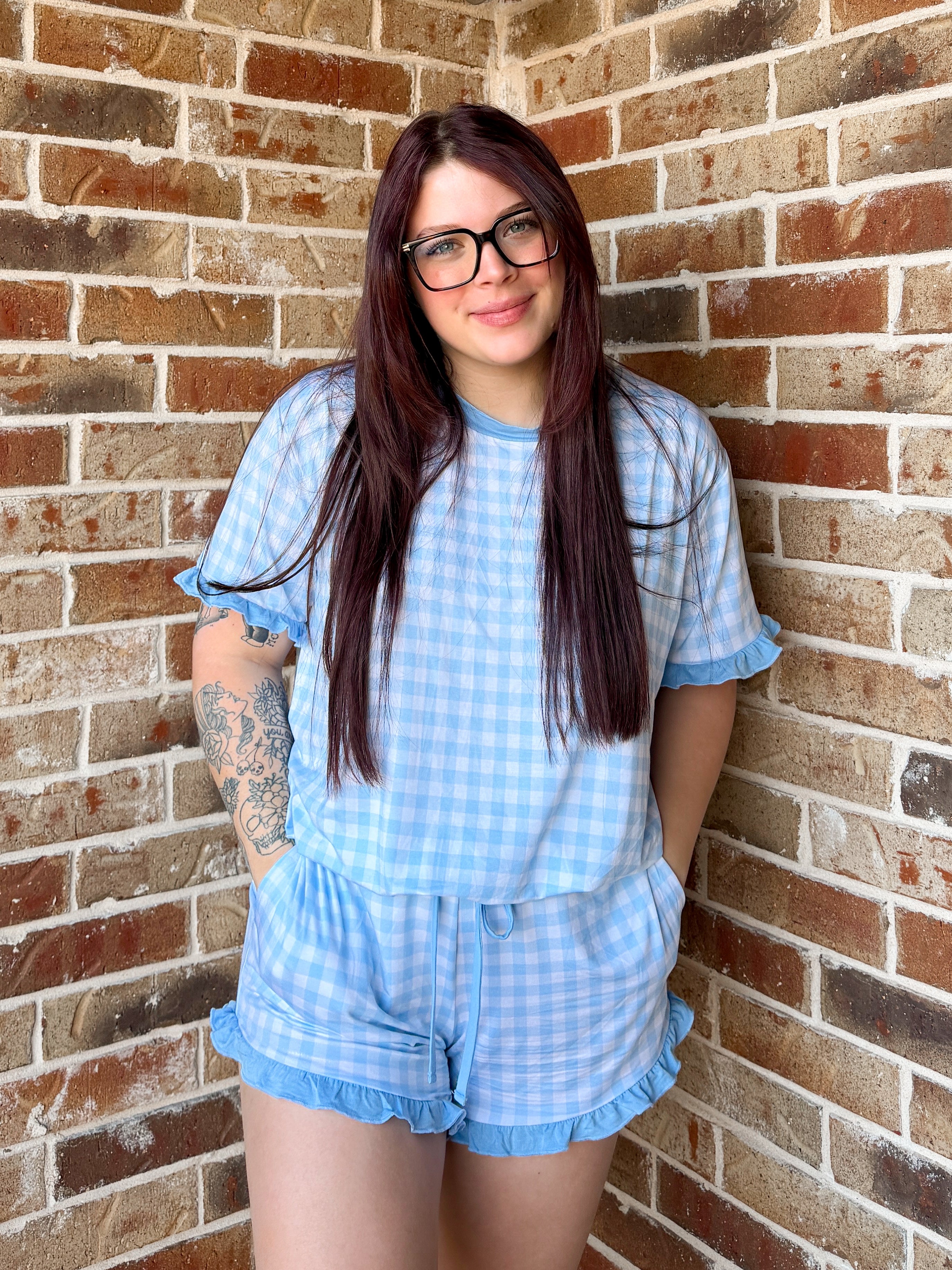 Blue Gingham Womens Ruffle Short Set