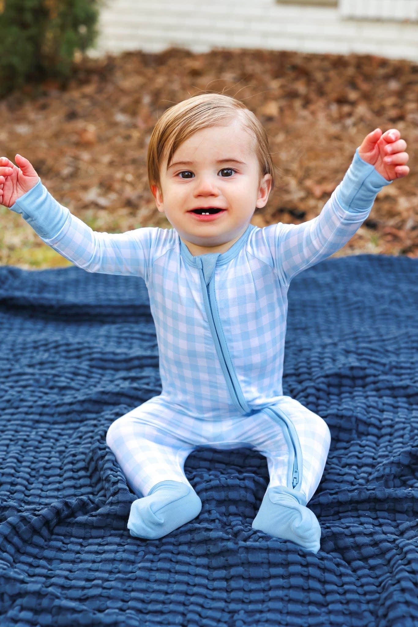 Blue Gingham Double Zippy Romper