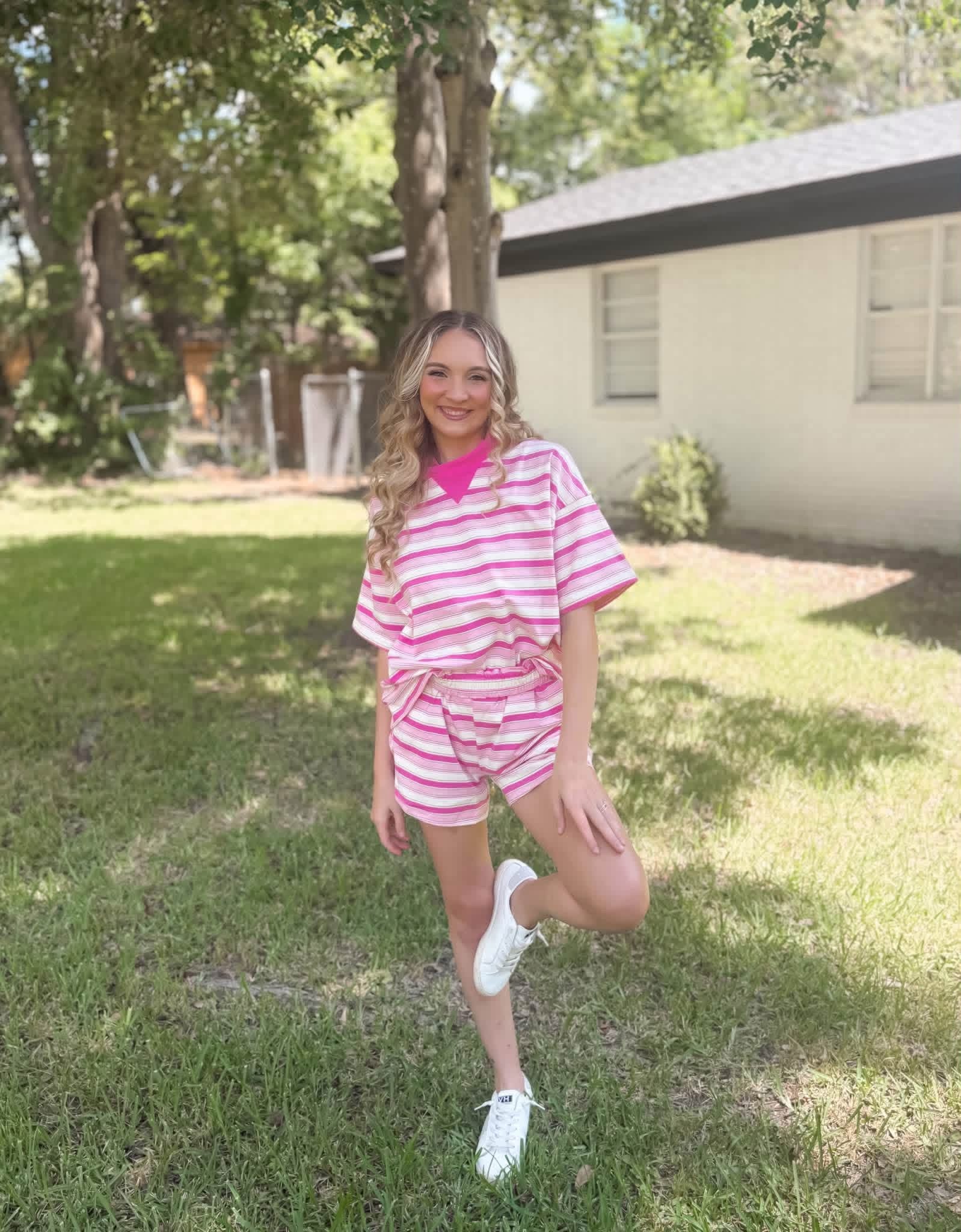 Bubblegum bliss Mockneck striped short set