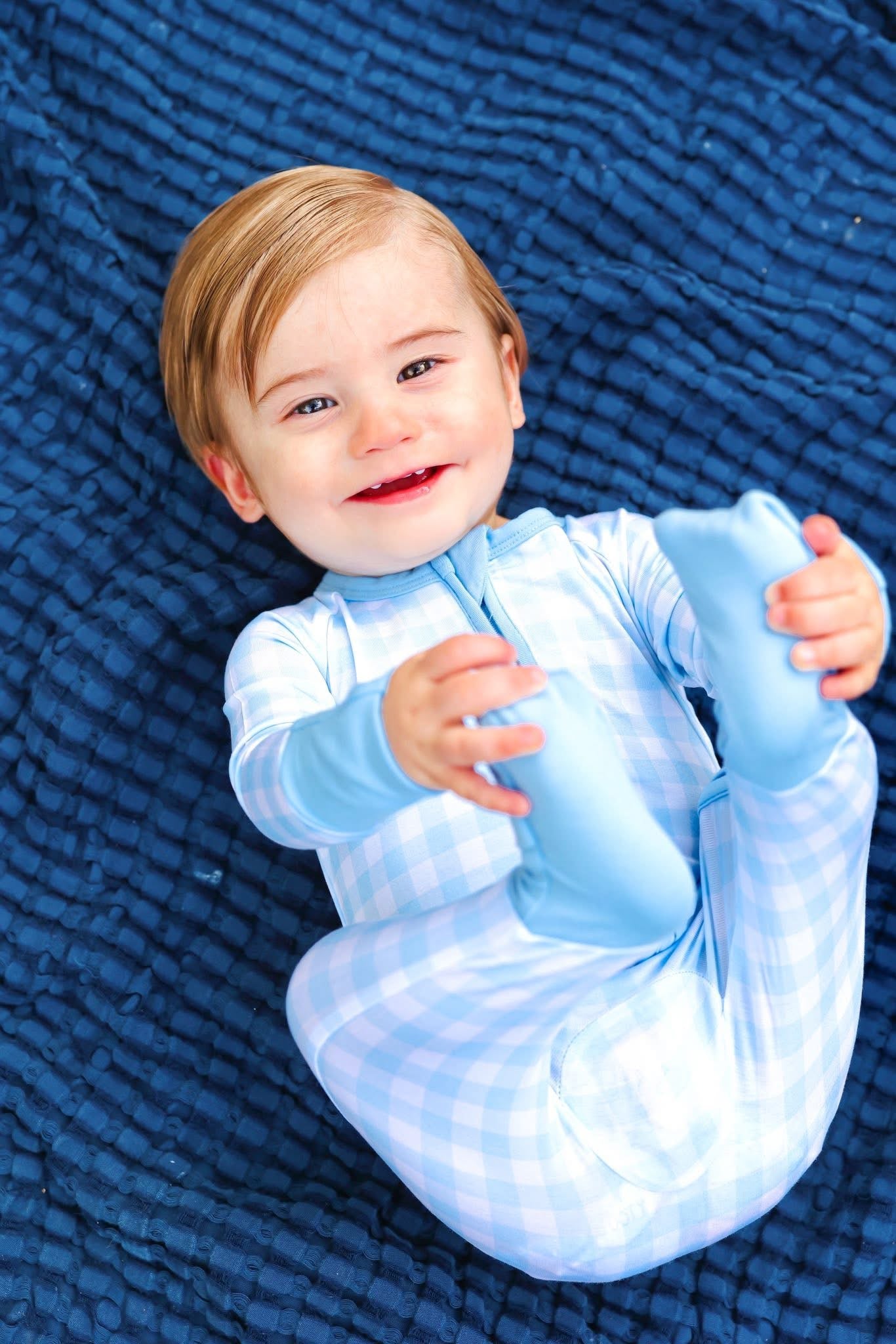 Blue Gingham Double Zippy Romper
