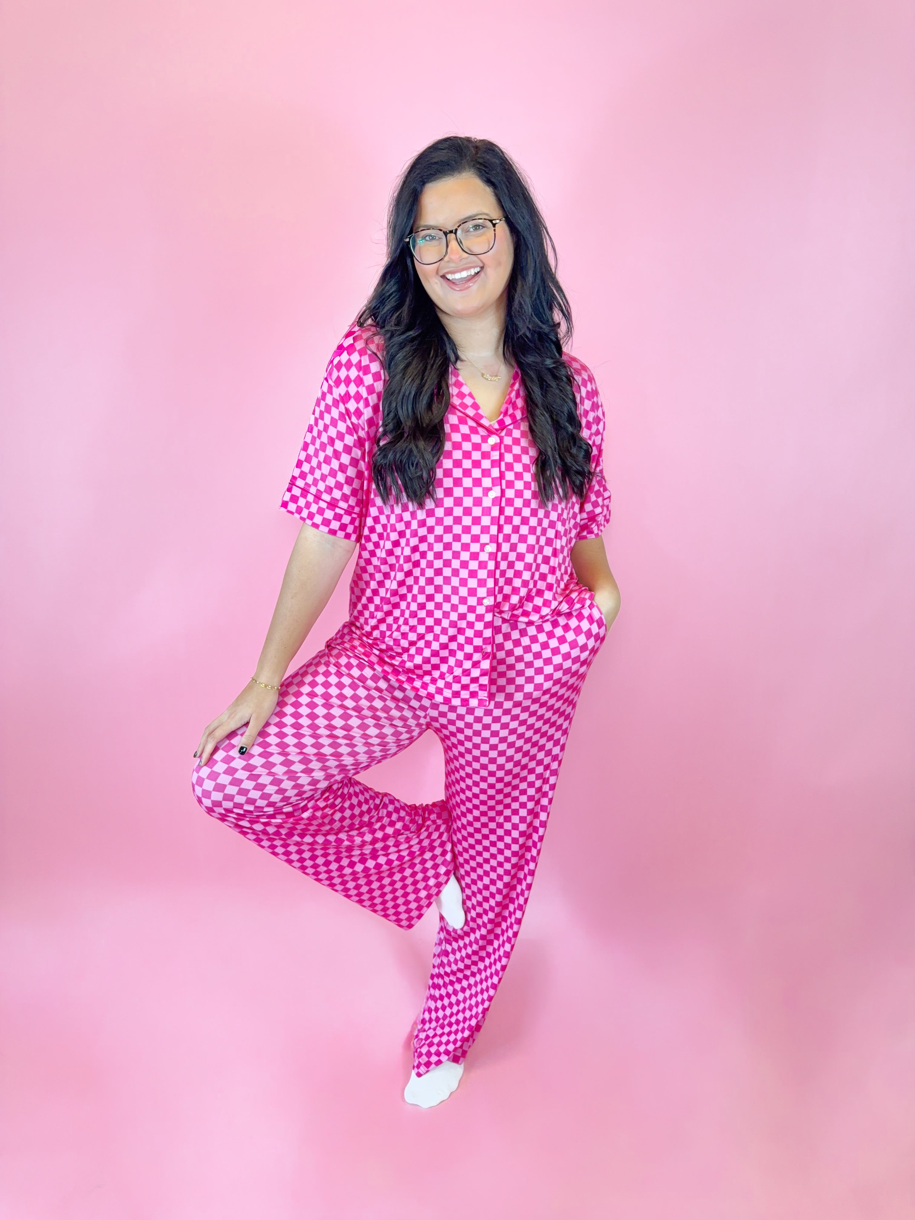 Pink Checkered Womens Pant Set