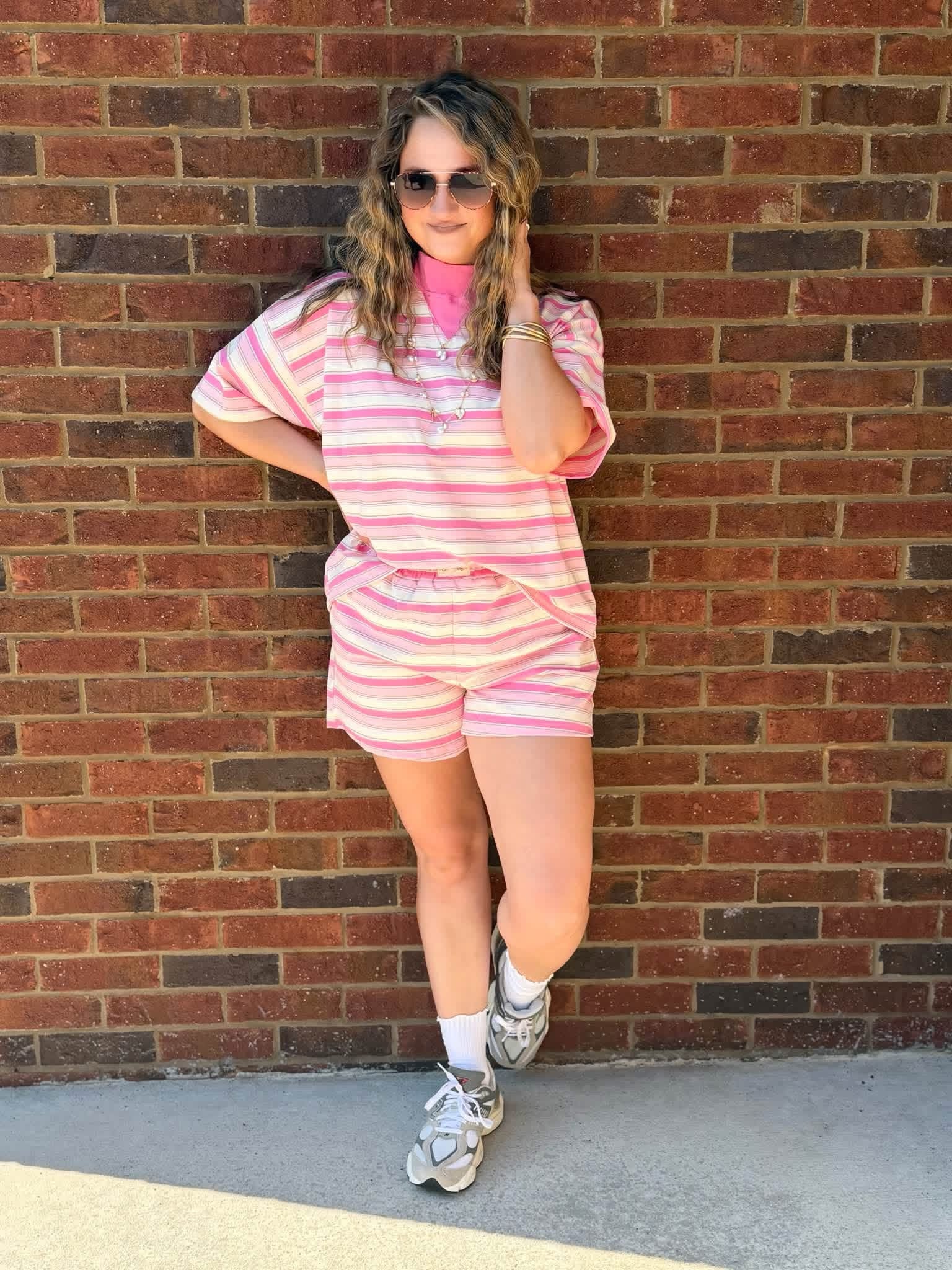 Bubblegum bliss Mockneck striped short set