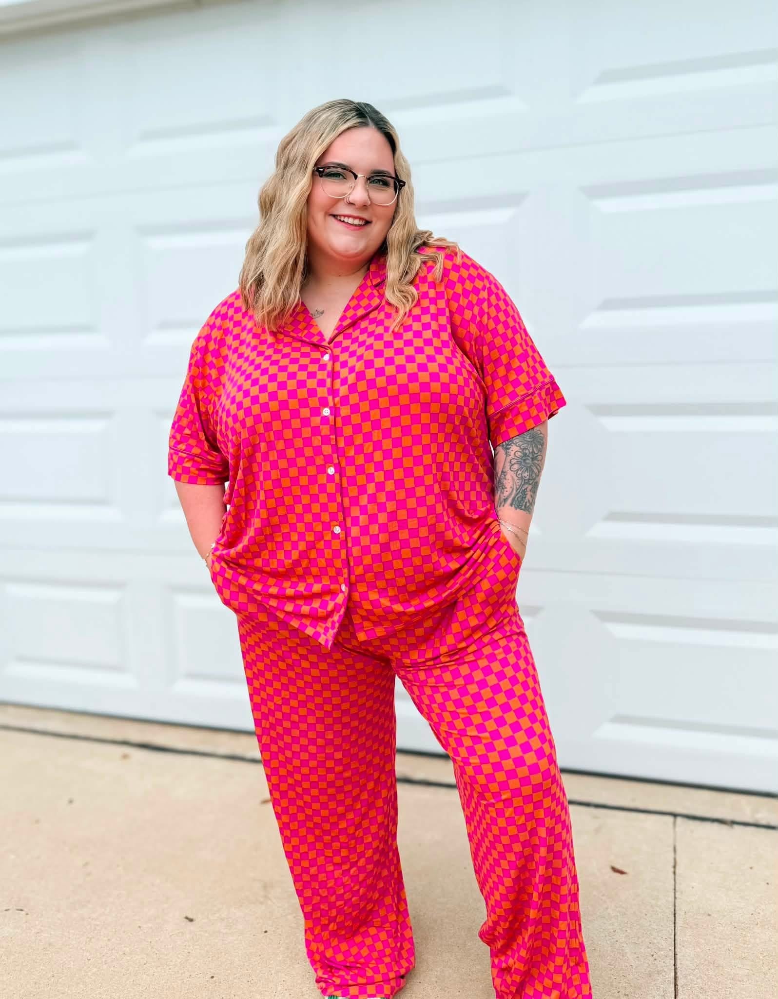 Pink Punch Checks Womens Pant Set