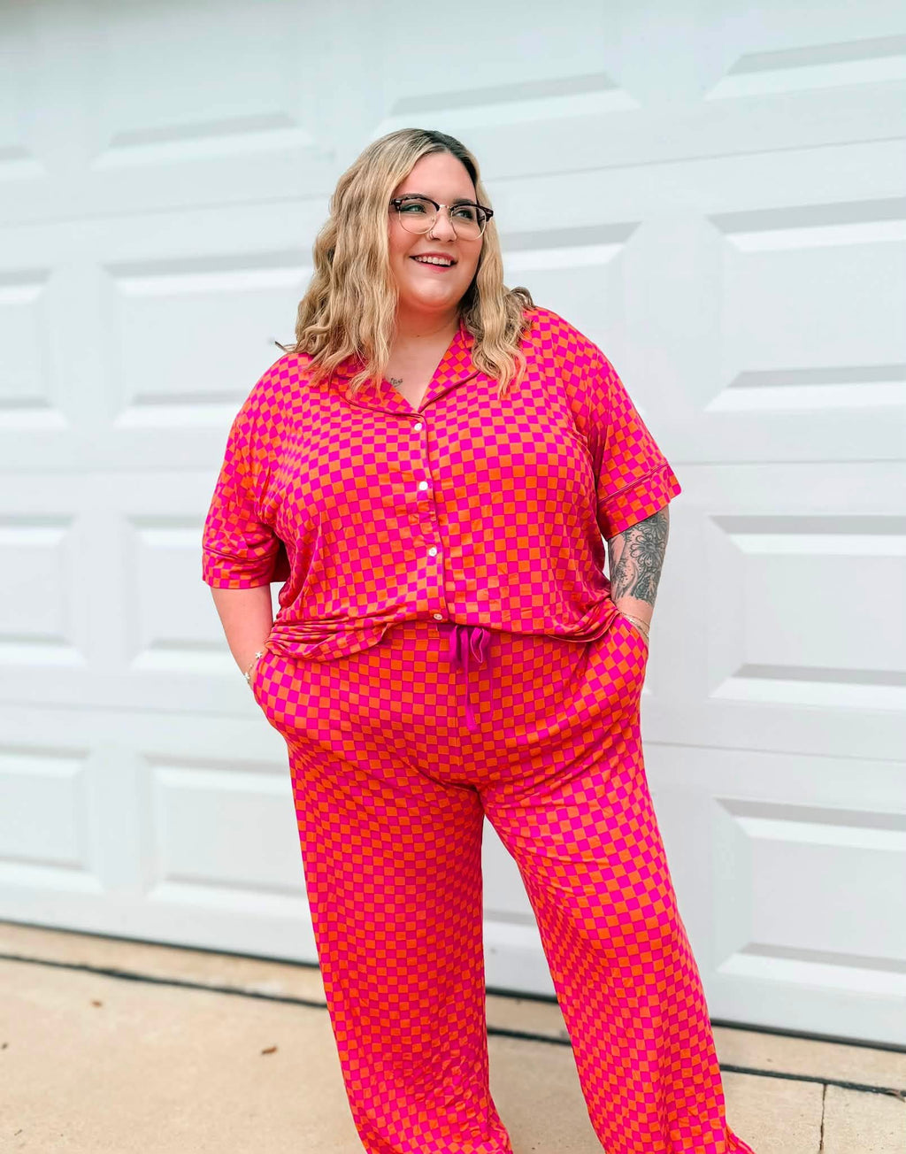 Pink Punch Checks Womens Pant Set