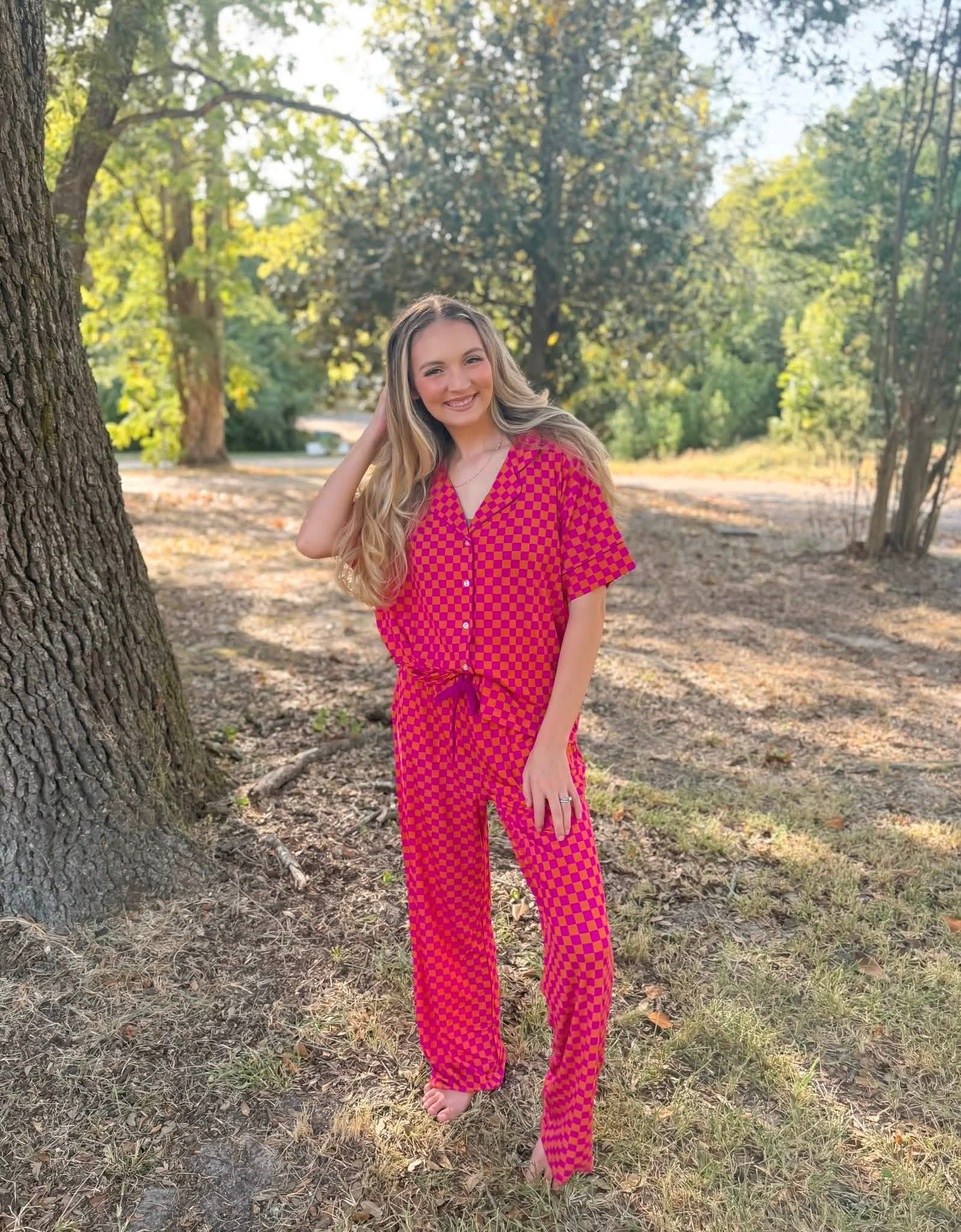 Pink Punch Checks Womens Pant Set