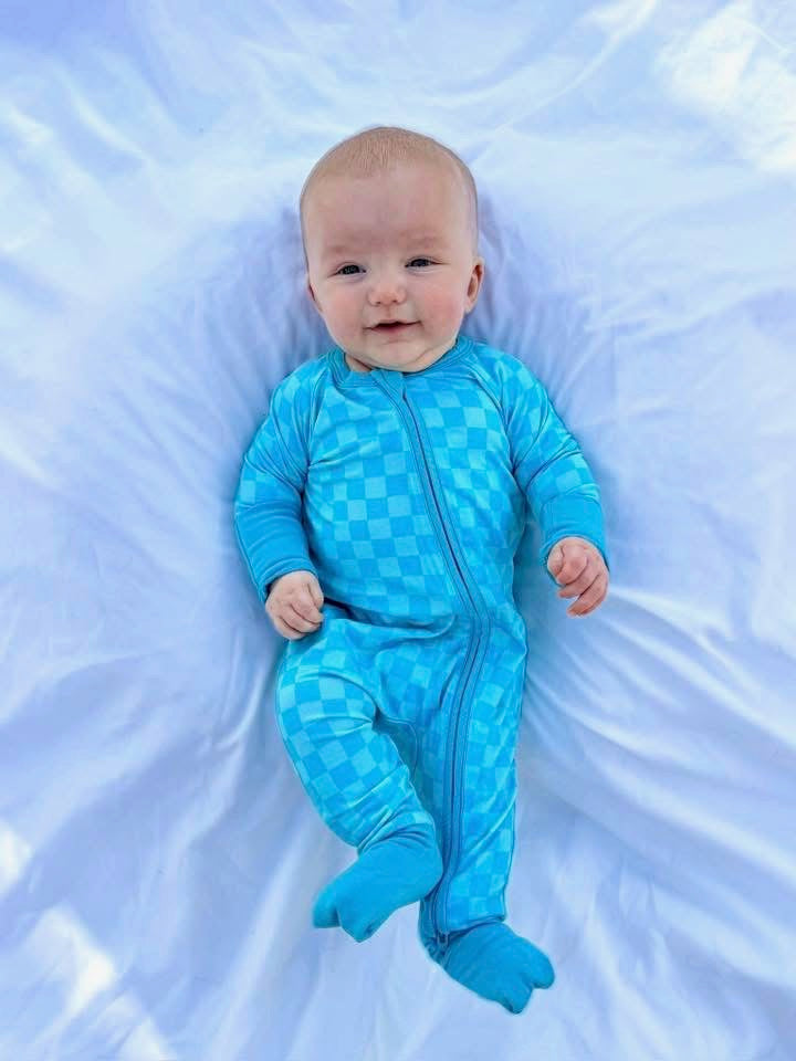 Blue Checkered Double Zippy Romper