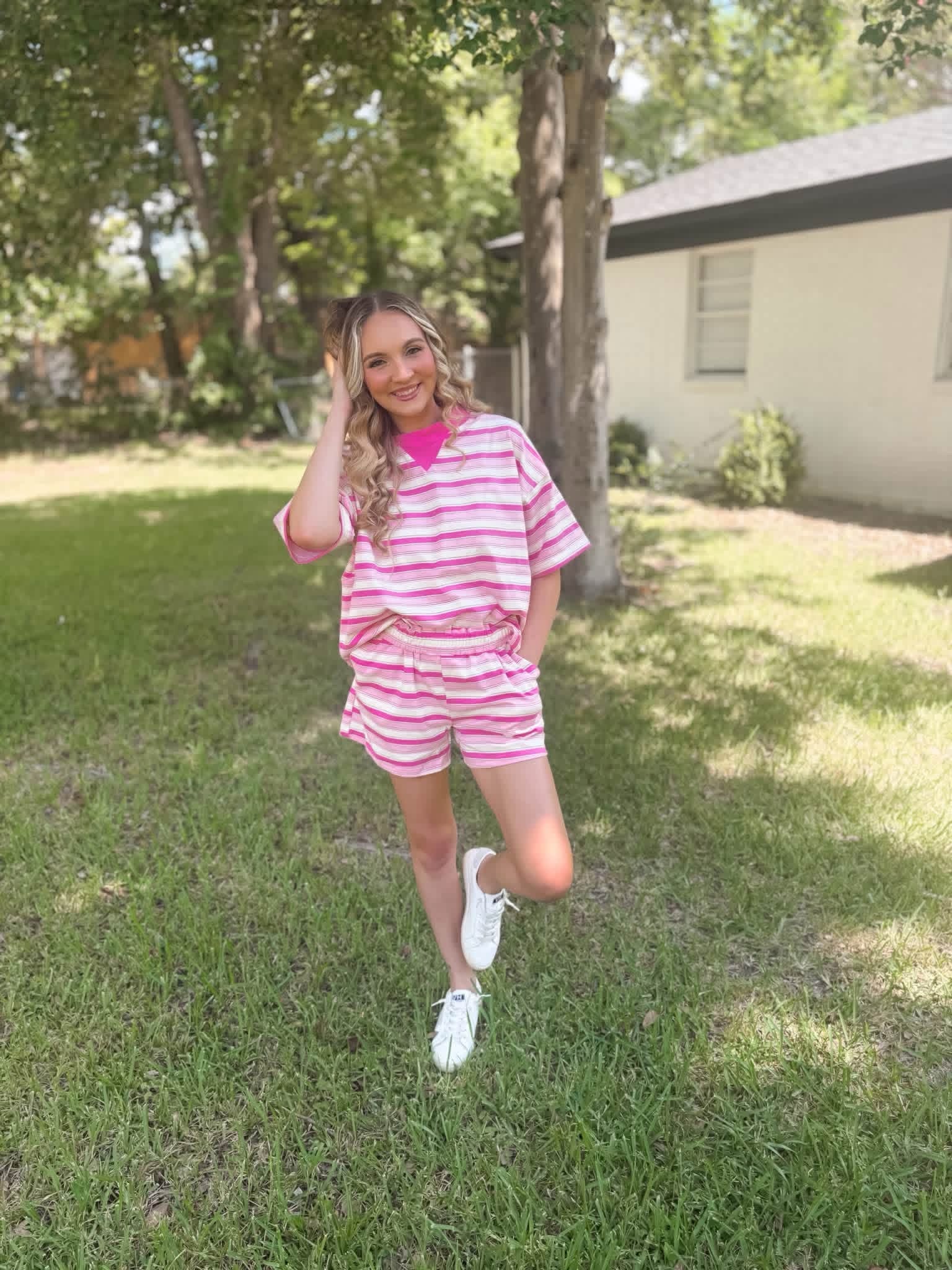 Bubblegum bliss Mockneck striped short set