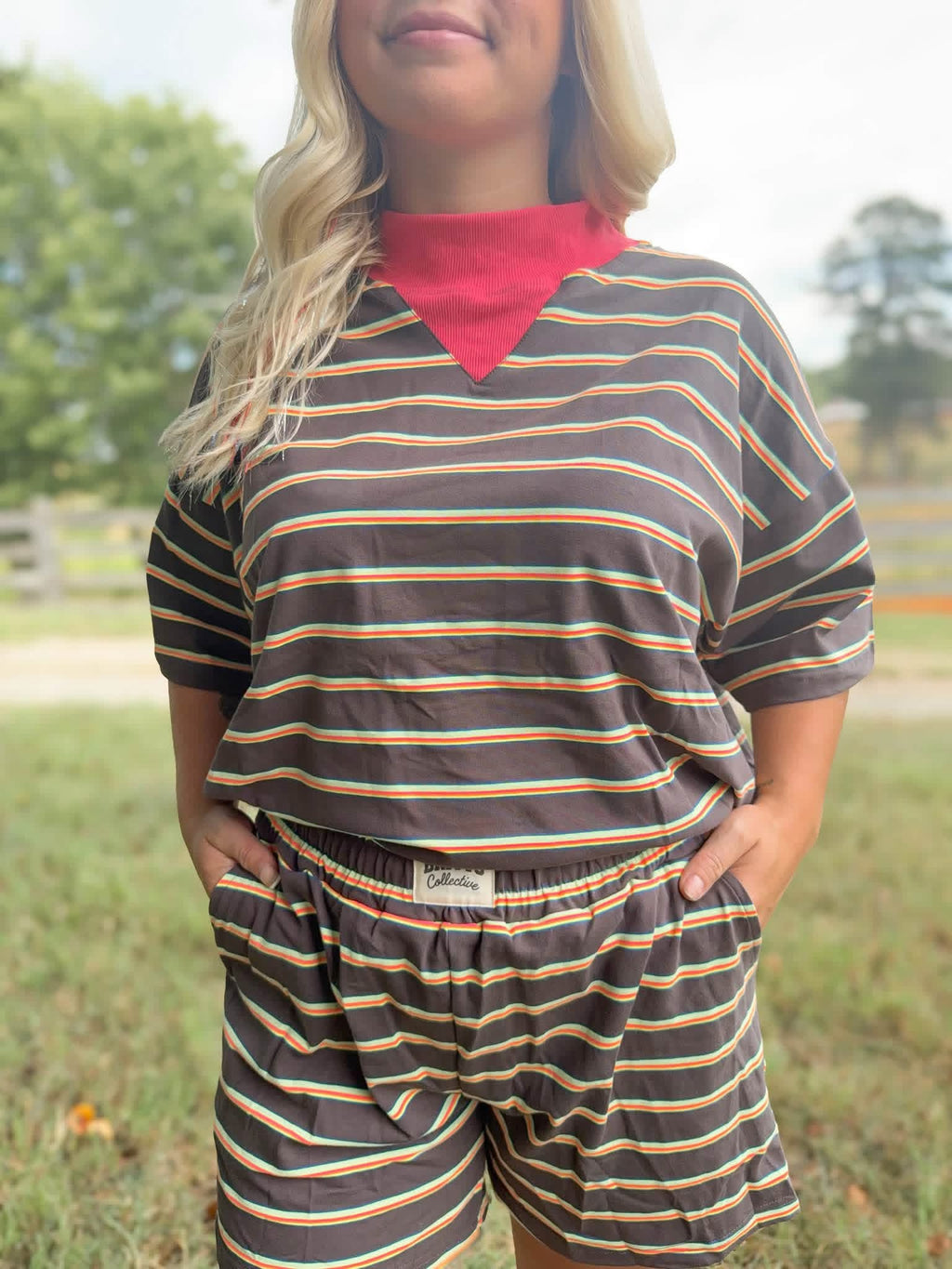 Neon Tide Mockneck striped short set