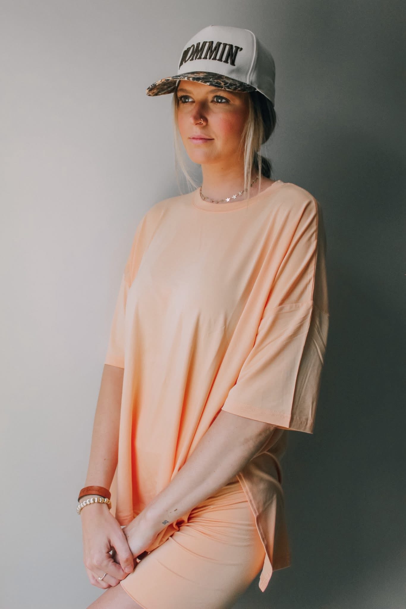 Peach Belini Womens Oversized Biker Short Set
