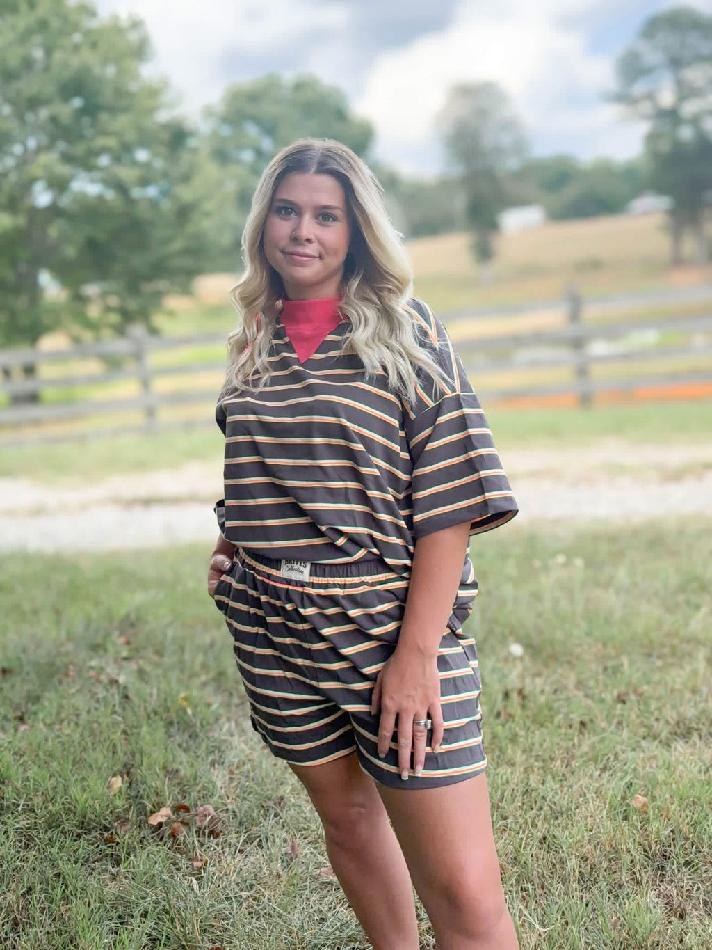 Neon Tide Mockneck striped short set