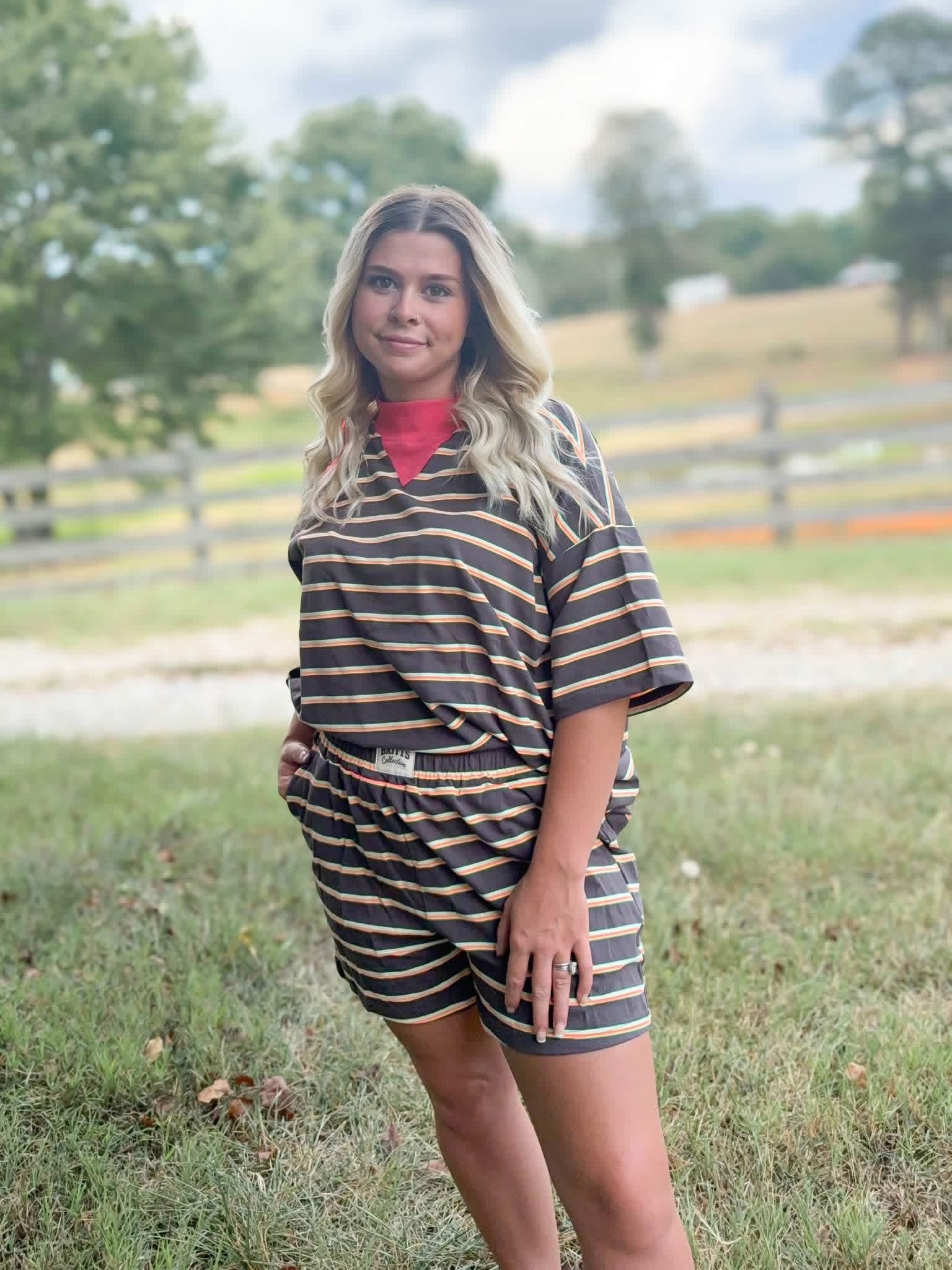 Neon Tide Mockneck striped short set