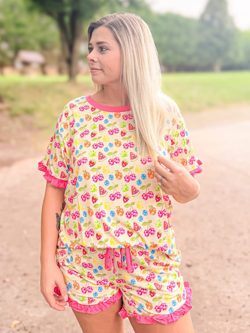 Disco Fruit Womens Ruffle Short Set
