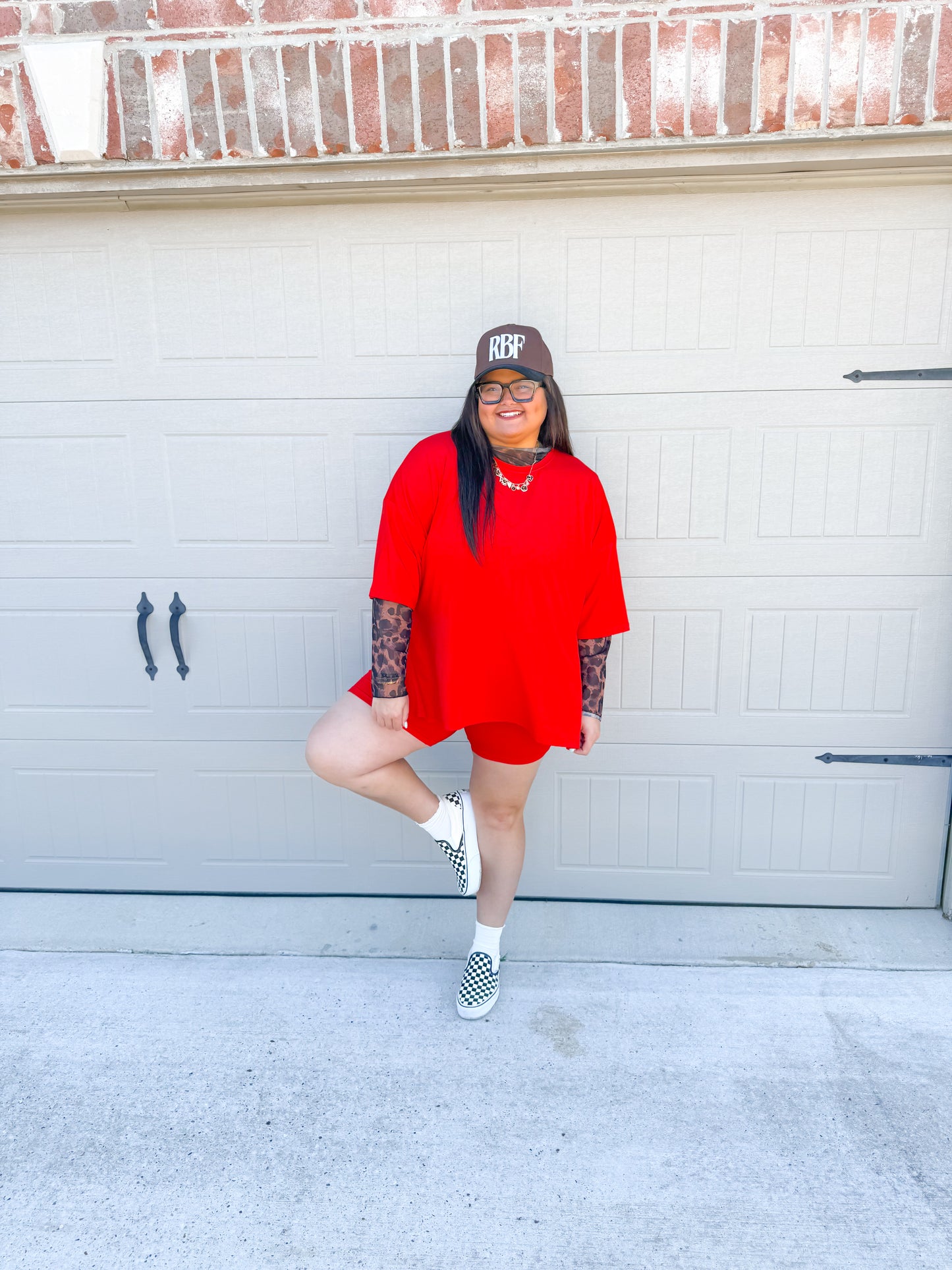 Red Womens Oversized Biker Short Set