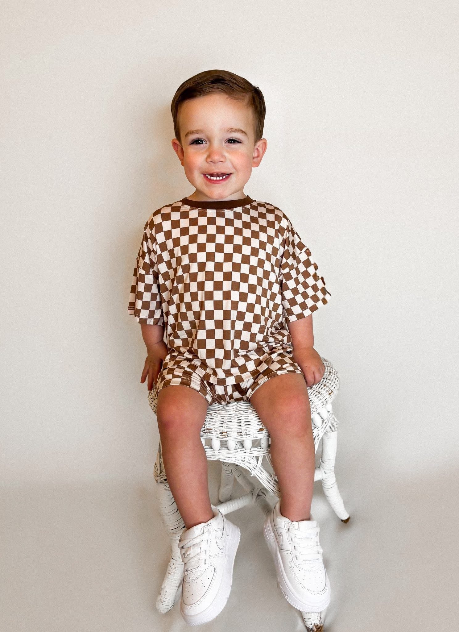 Mocha Checks Oversized Short Set