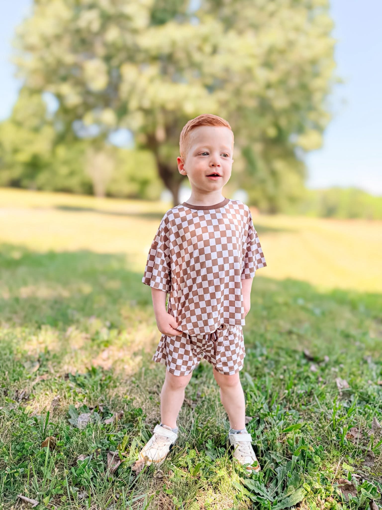 Mocha Checks Oversized Short Set
