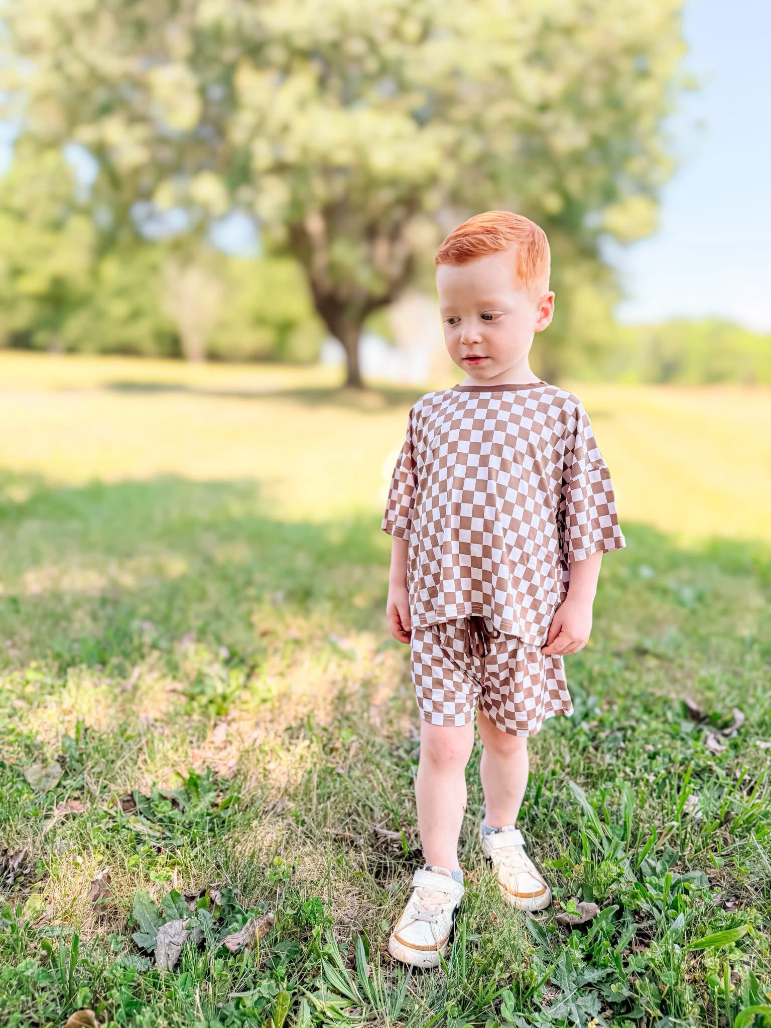Mocha Checks Oversized Short Set