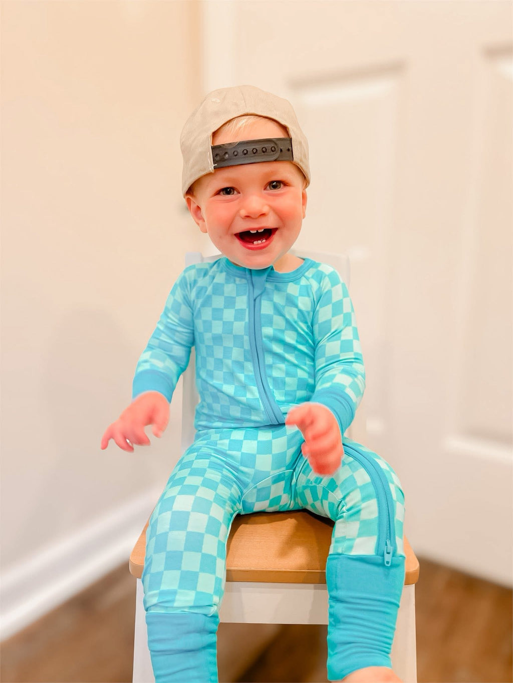 Blue Checkered Double Zippy Romper