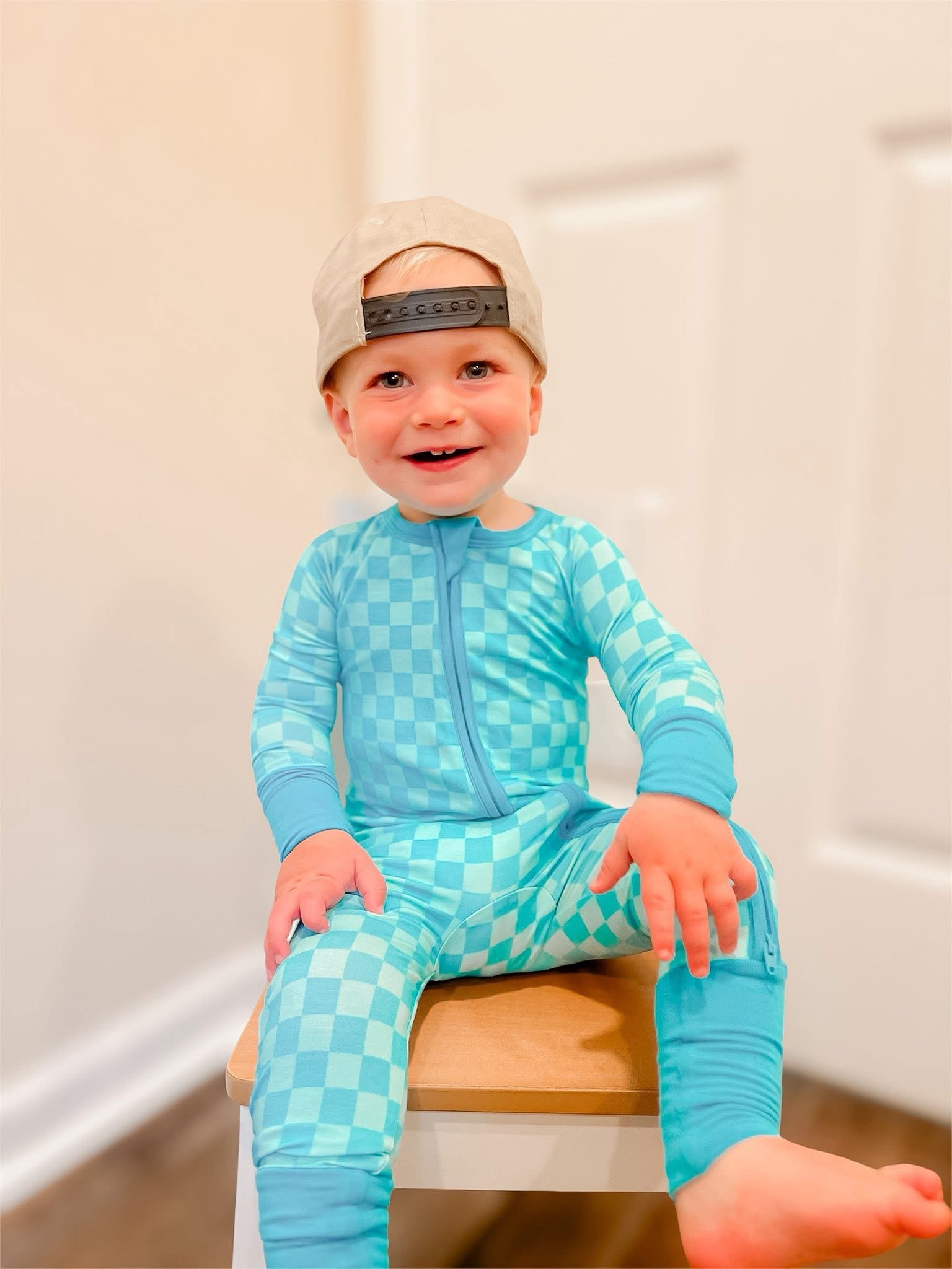 Blue Checkered Double Zippy Romper